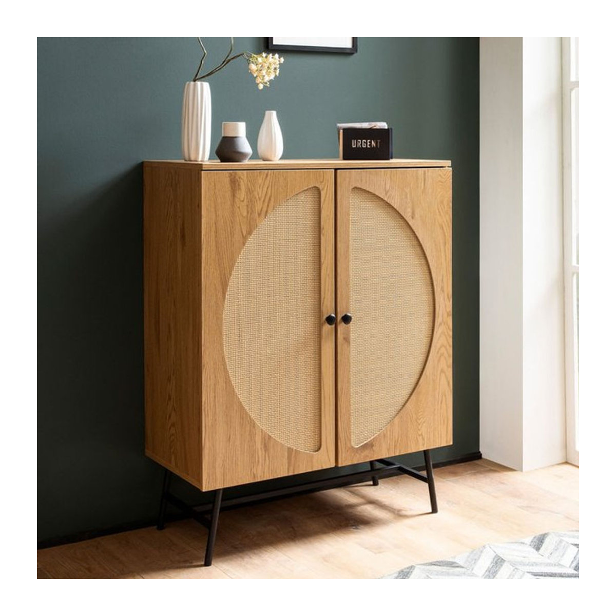 Finebuy Highboard Kommode in Eiche Natur mit Wiener Rattan Design, B/T/H: 80 x 39 x 103 cm - Bild 1