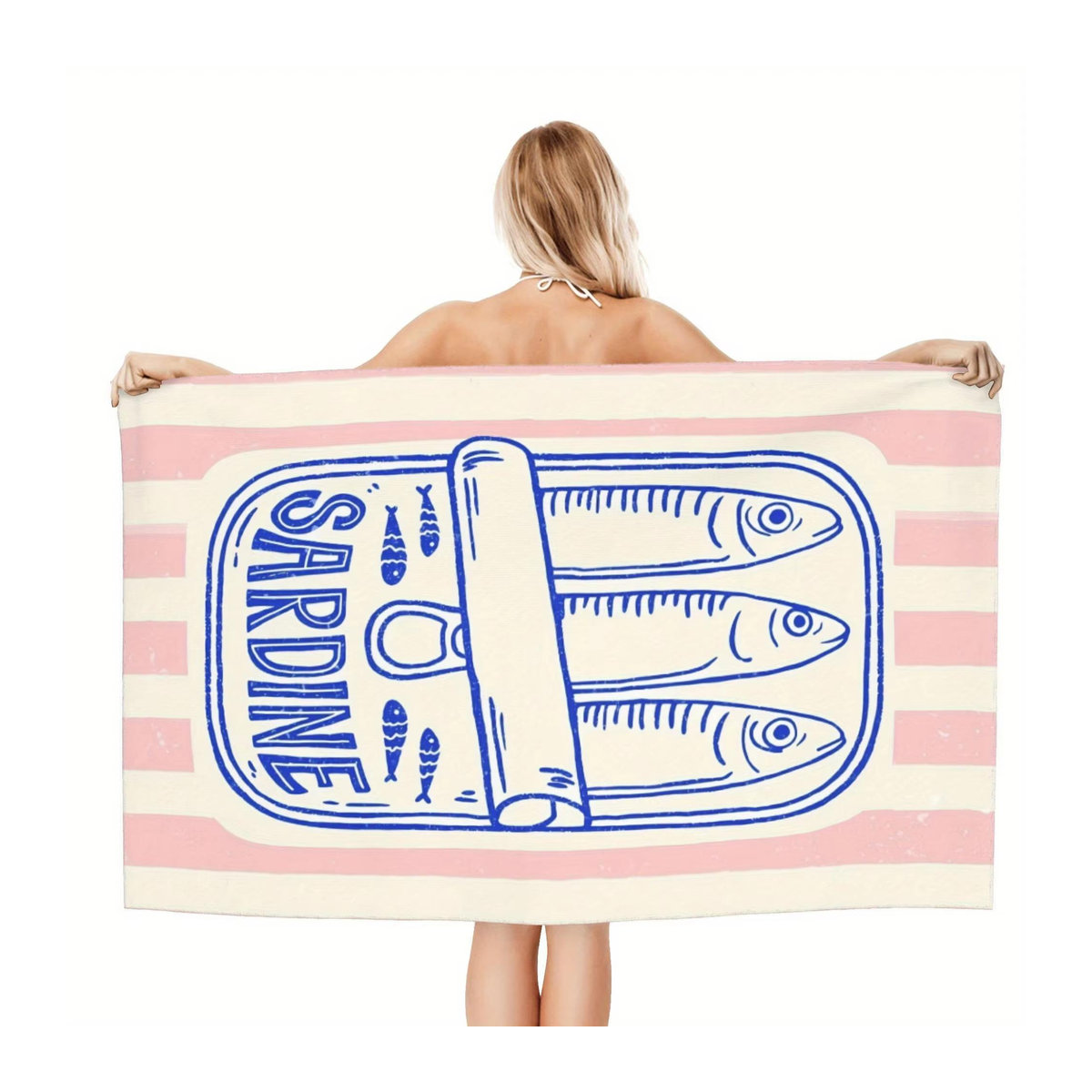 Fisch Sardine Strandtuch in Rosa Streifen Design aus schnelltrocknender Mikrofaser, B: 40 cm, H: 60 cm - Bild 1