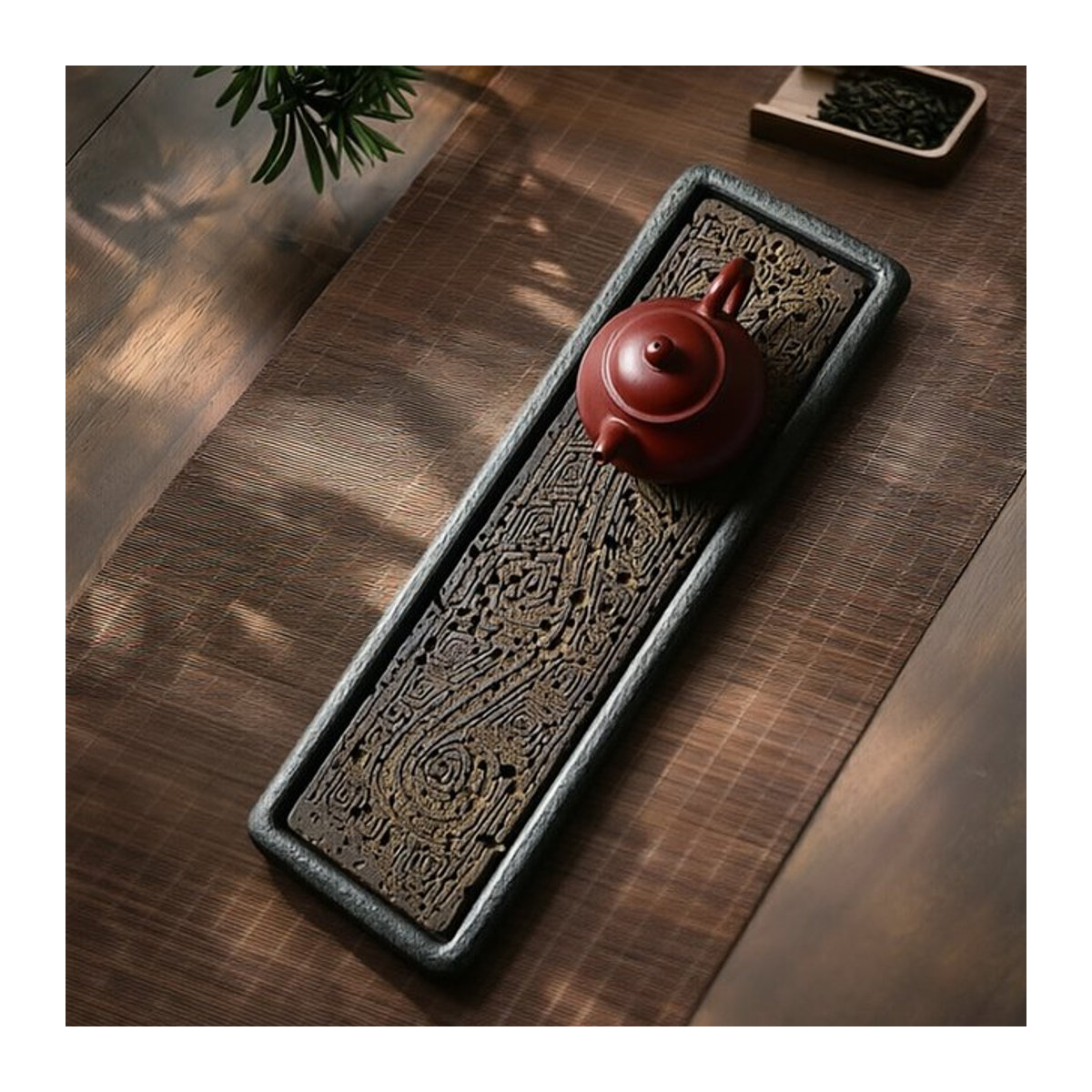 Fiteo Tee-Tablett aus schwarzem vulkanischem Basalt mit handgeschnitztem Drachen-Totem, rechteckiges Trocken-Abtropf-Tablett für die Kung-Fu-Teezeremonie, B/L: 38 x 12 cm - Bild 1