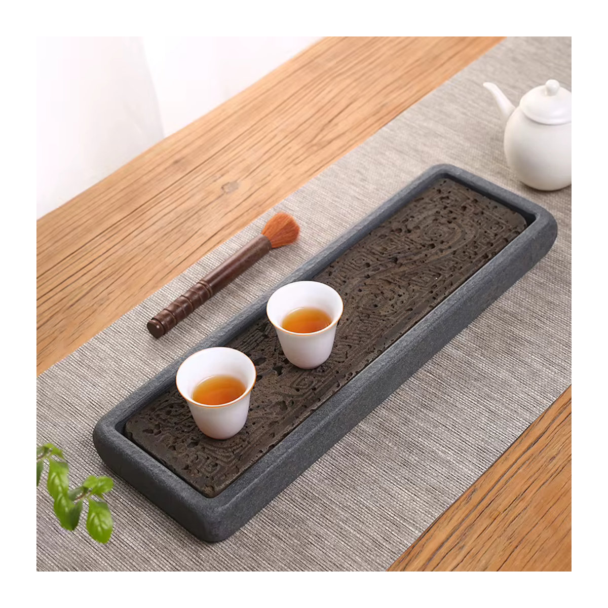 Fiteo Tee-Tablett aus schwarzem vulkanischem Basalt mit handgeschnitztem Drachen-Totem, rechteckiges Trocken-Abtropf-Tablett für die Kung-Fu-Teezeremonie, B/L: 38 x 12 cm - Bild 3