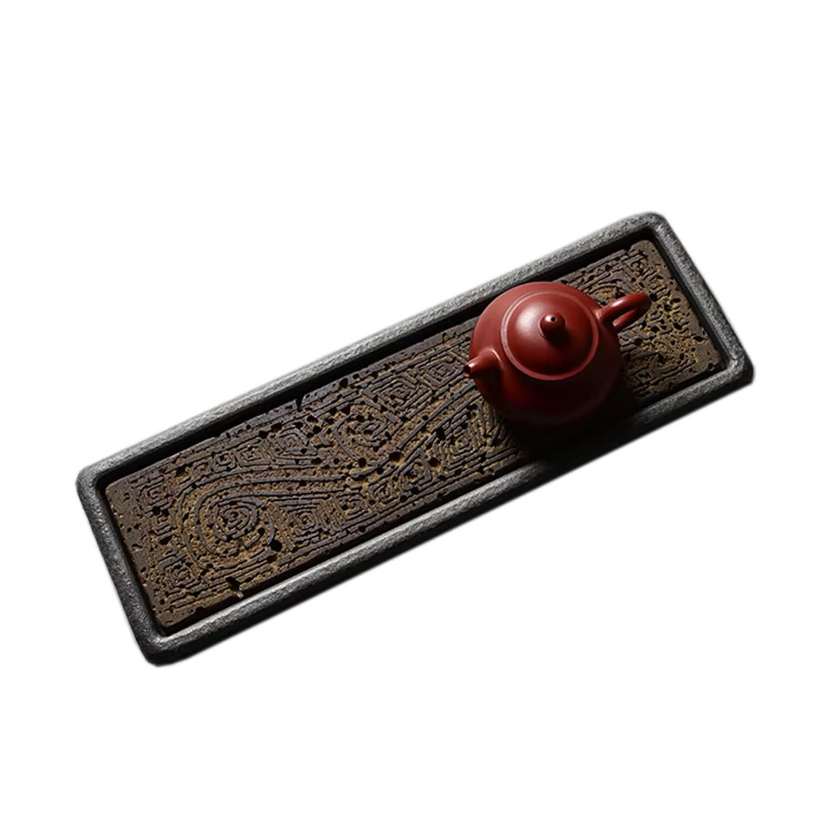 Fiteo Tee-Tablett aus schwarzem vulkanischem Basalt mit handgeschnitztem Drachen-Totem, rechteckiges Trocken-Abtropf-Tablett für die Kung-Fu-Teezeremonie, B/L: 38 x 12 cm - Bild 7
