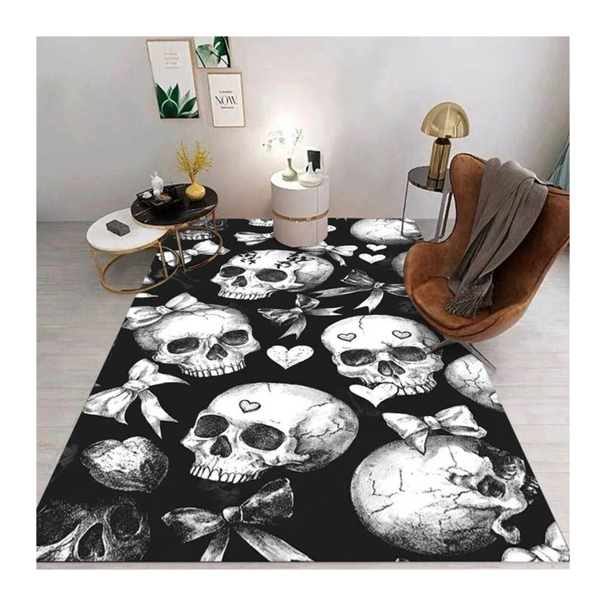 Flauschiger Teppich mit Rose-Totenkopf-Aufdruck in Schwarz-Weiß, B/B: 80 x 50 cm - Bild 1