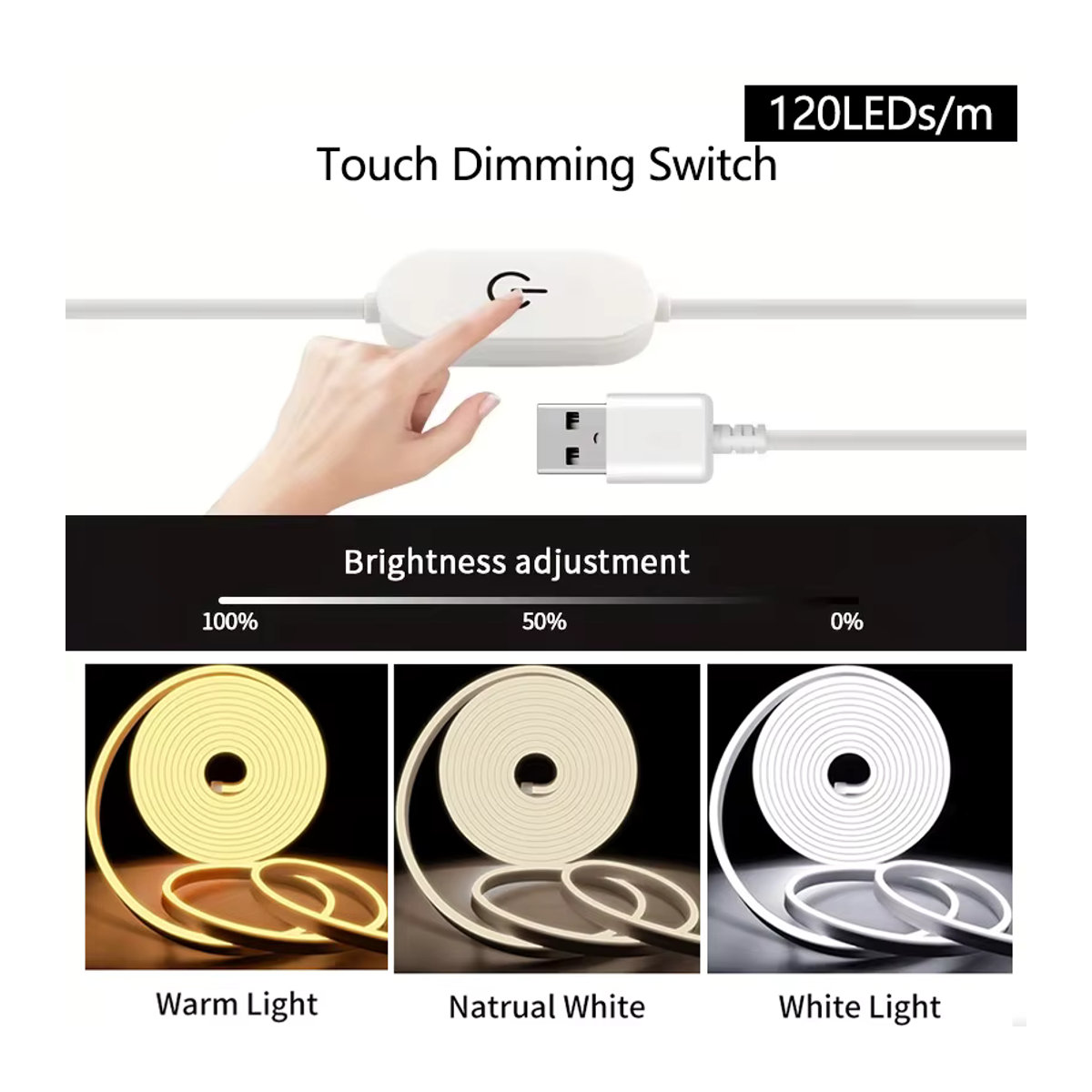 Flexibler LED-Streifen mit USB-Anschluss und Touch-Bewegungsmelder, wasserdicht, weißes Licht, 1 m Länge - Bild 4