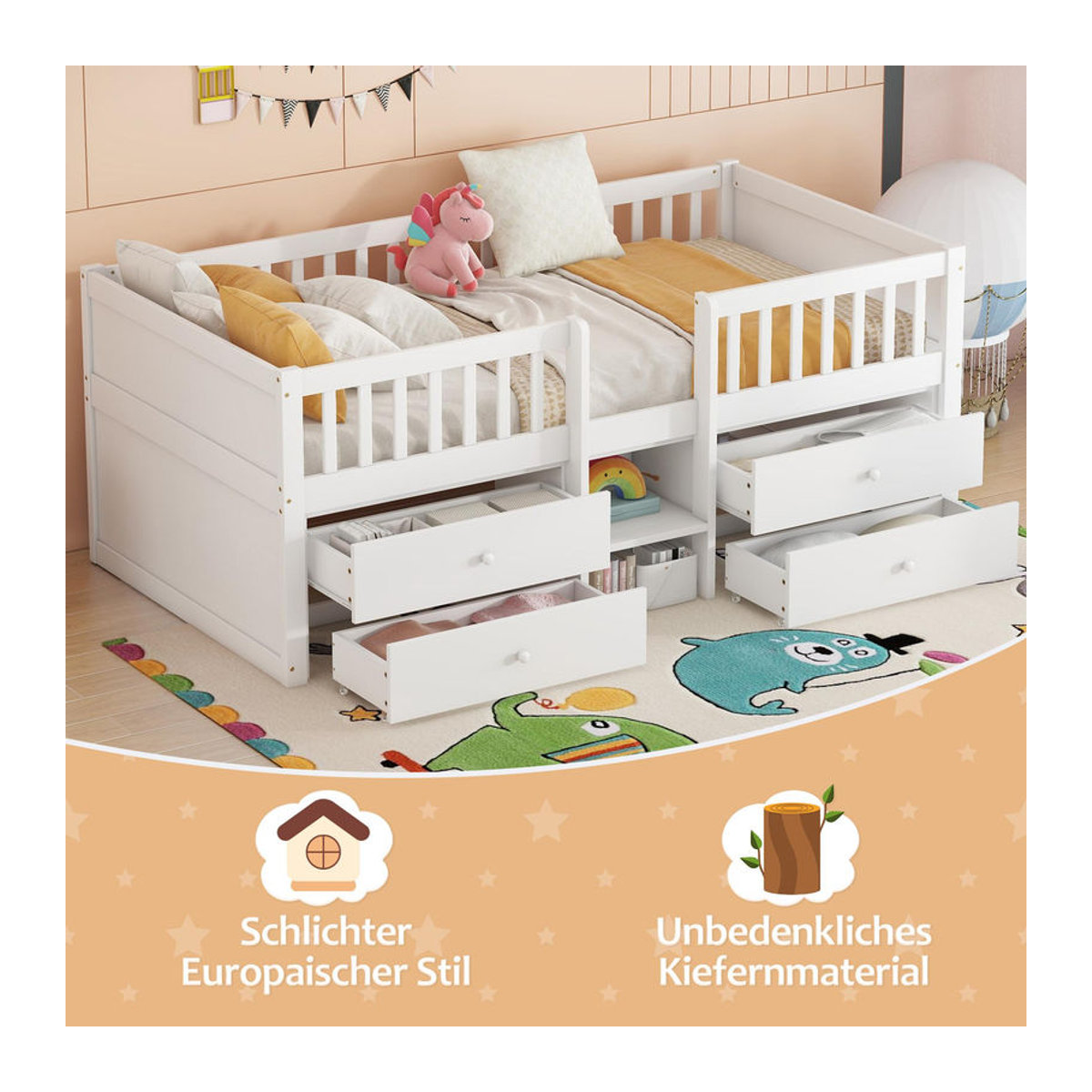 Flieks Kinderbett aus Kiefer Massivholz mit 4 Schubladen, Leiter und Rausfallschutz, H x B x T: 80.5 x 99.5 x 204 cm, Anthrazit oder Weiß - Bild 1