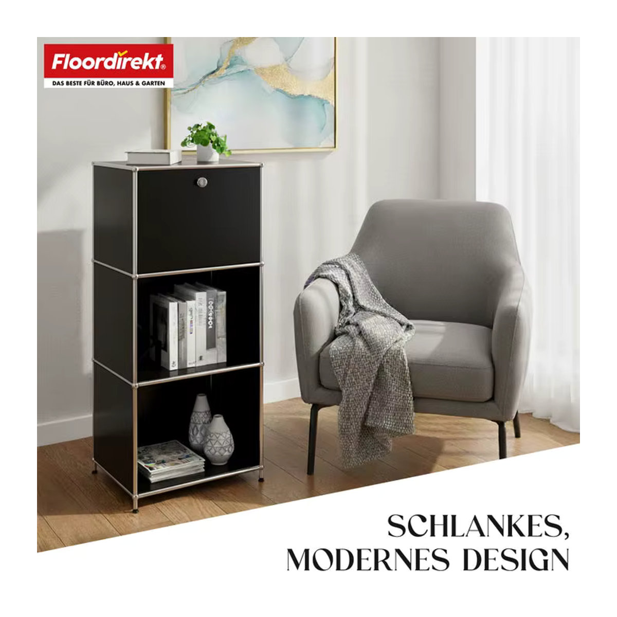 FLOORDIREKT Metallregal Concept Epure MK-107 in Grau, 4-stöckiges modernes Aufbewahrungsregal mit verschließbarem Fach - Bild 5