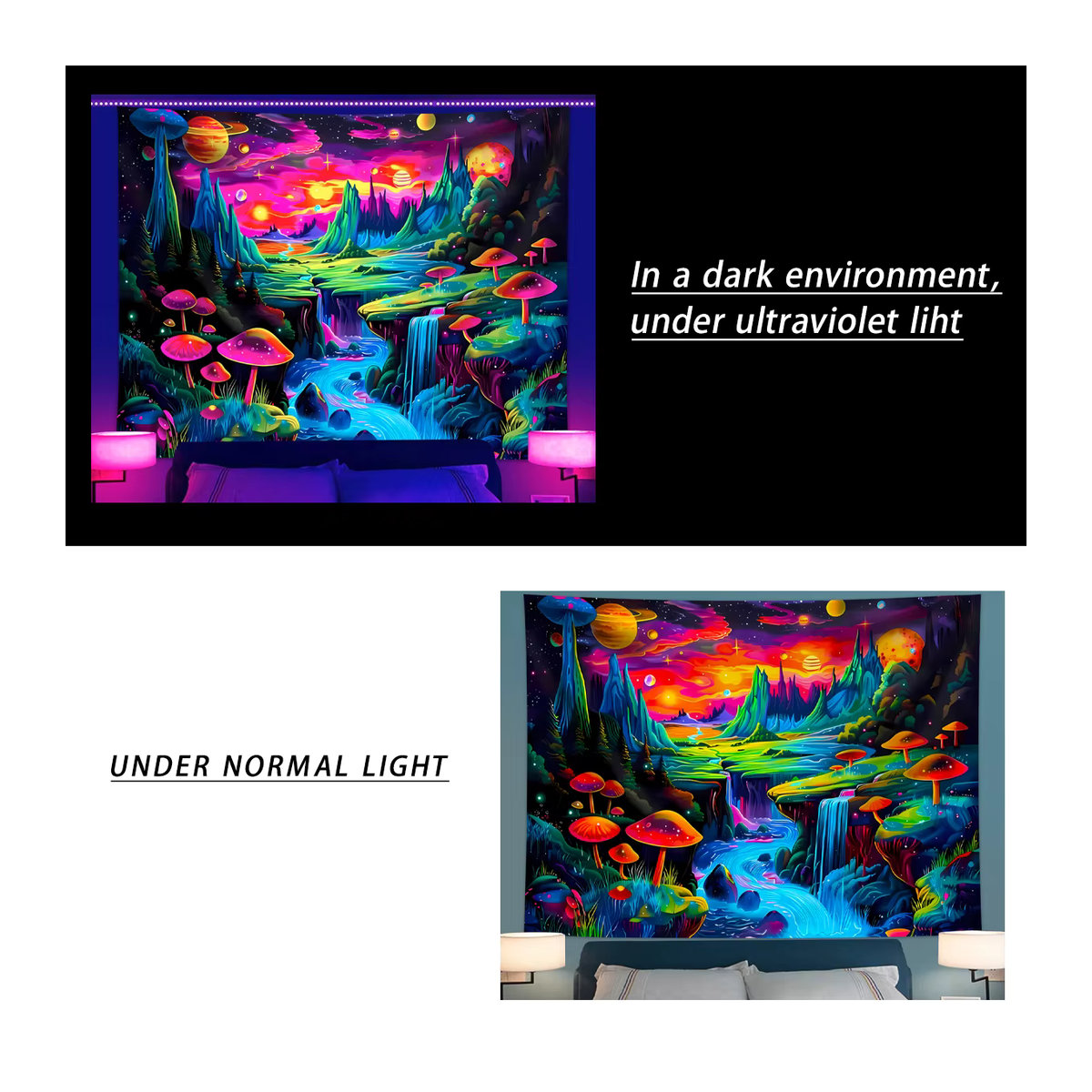 Fluoreszierender Wandteppich mit Pilz- und Weltraumplaneten-Landschaft in Multicolor, UV-responsives Wandbild zur Schlafzimmerdekoration - Bild 2