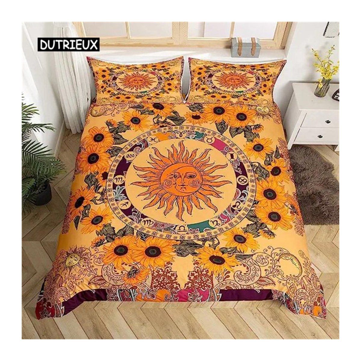 Flylo Bettwäsche mit Sonnenblumen und Mandala im Boho-Stil, Gelb, B/H: 135 x 200 cm - Bild 1