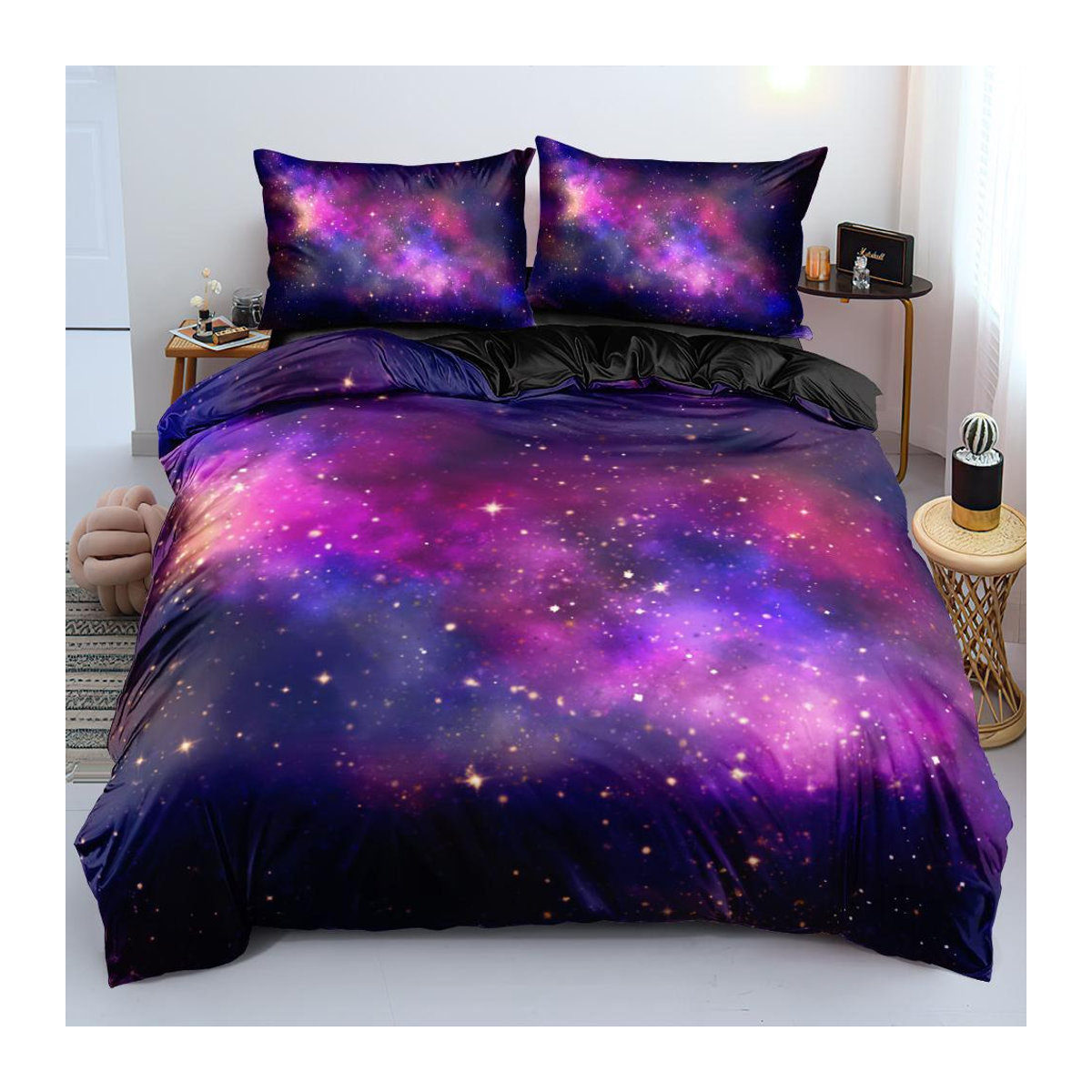 Flylo Bettwäsche-Set Galaxie Dunkelblau mit Sternenhimmel-Motiv und Reißverschluss, B/H: 135 x 200 cm - Bild 1