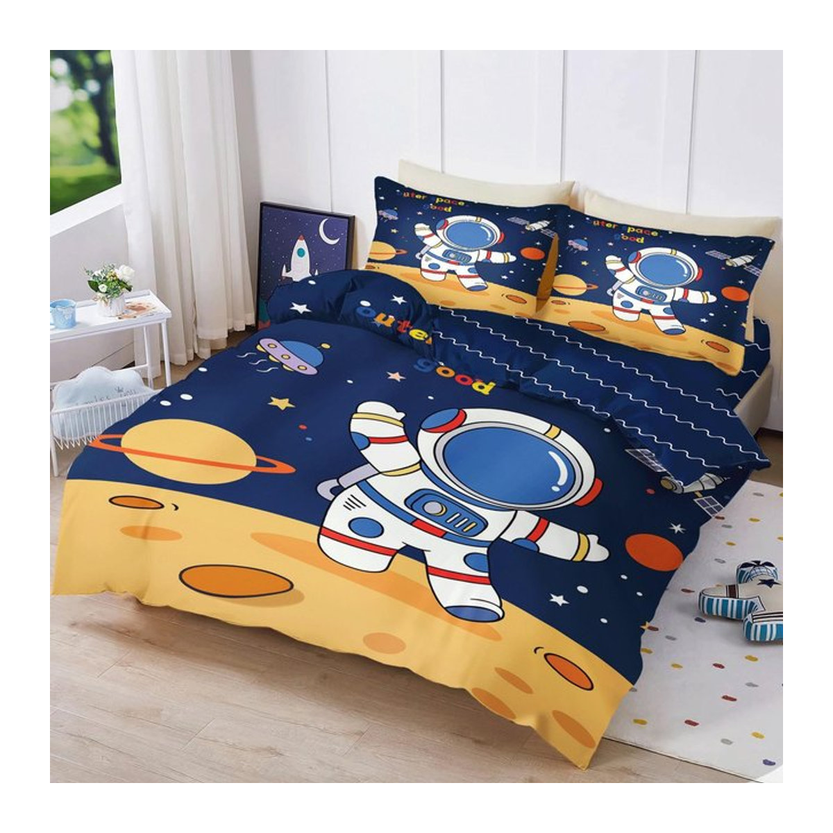 Flylo Bettwäsche Set Mikrofaser mit Cartoon Astronaut und Weltraum Print, 2-teilig, Multicolor, B/H: 100 x 135 cm - Bild 1