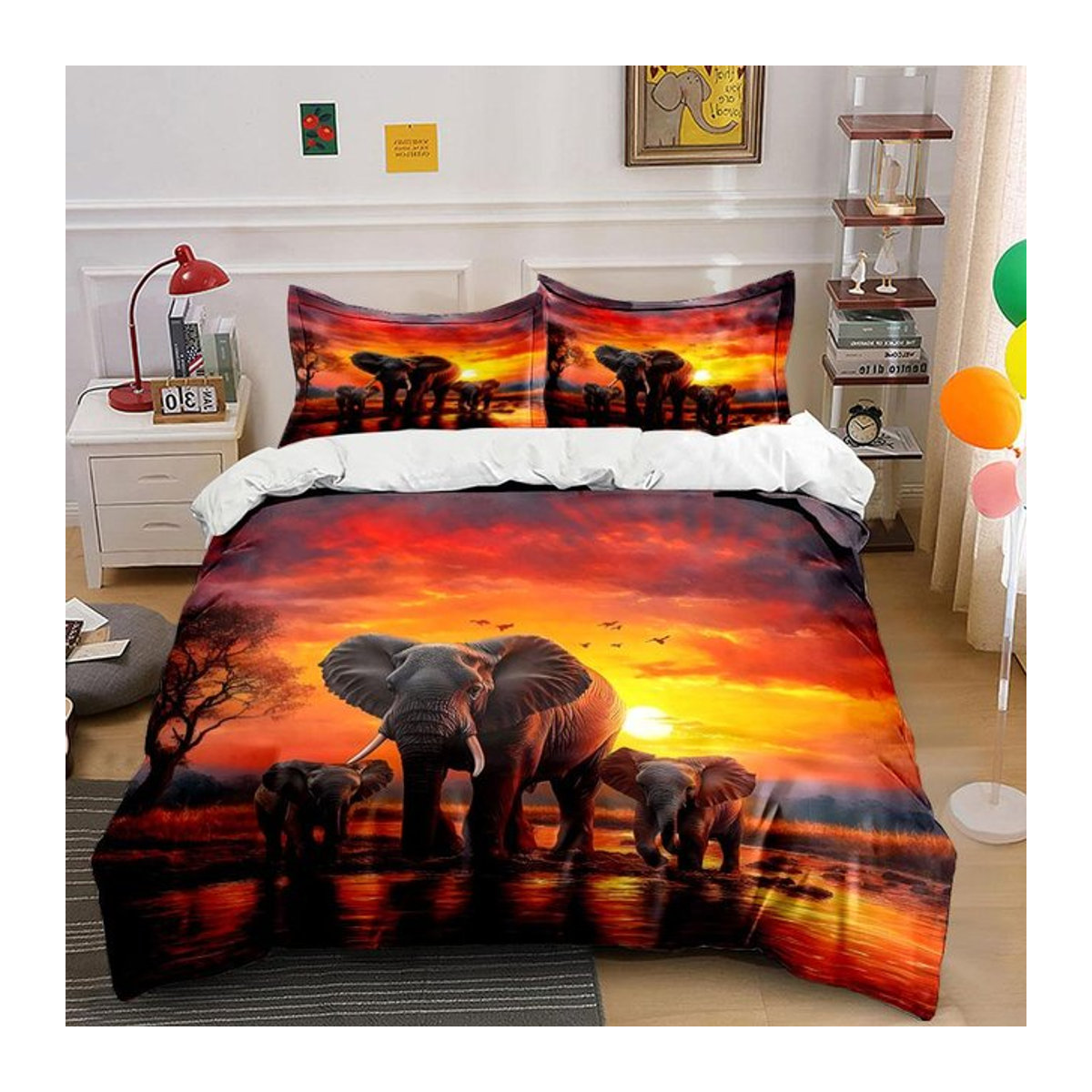 Flylo Bettwäsche-Set mit afrikanischem Elefantenherde-Motiv bei Sonnenuntergang, 3-teilig, Multicolor, B/H: 135 x 200 cm - Bild 1