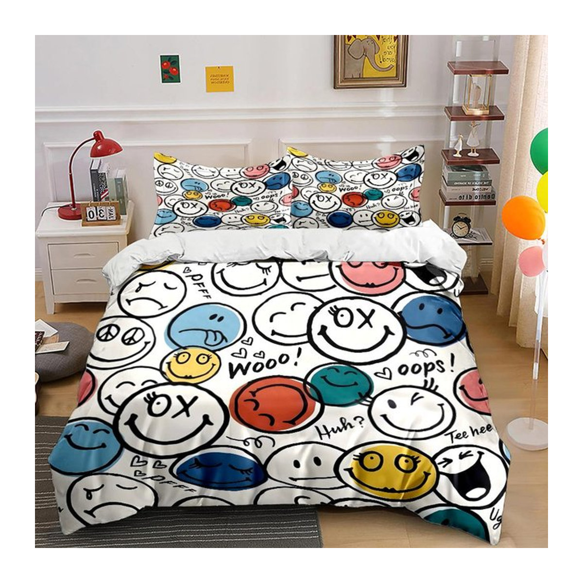 Flylo Bettwäsche-Set mit Cartoon-Smiley-Gesichter-Muster, Multicolor, bestehend aus 1 Bettbezug und 2 Kissenbezügen, B/B: 135 x 200 cm - Bild 1