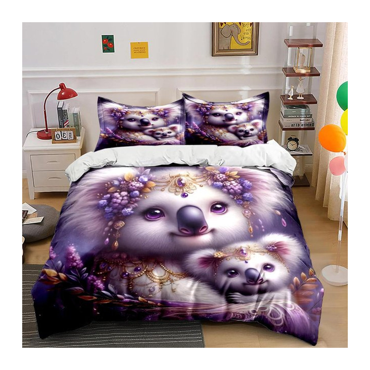 Flylo Bettwäsche-Set mit Koala-Blumenmuster in Lila, Polyester mit Reißverschluss, B/H: 135 x 200 cm - Bild 1