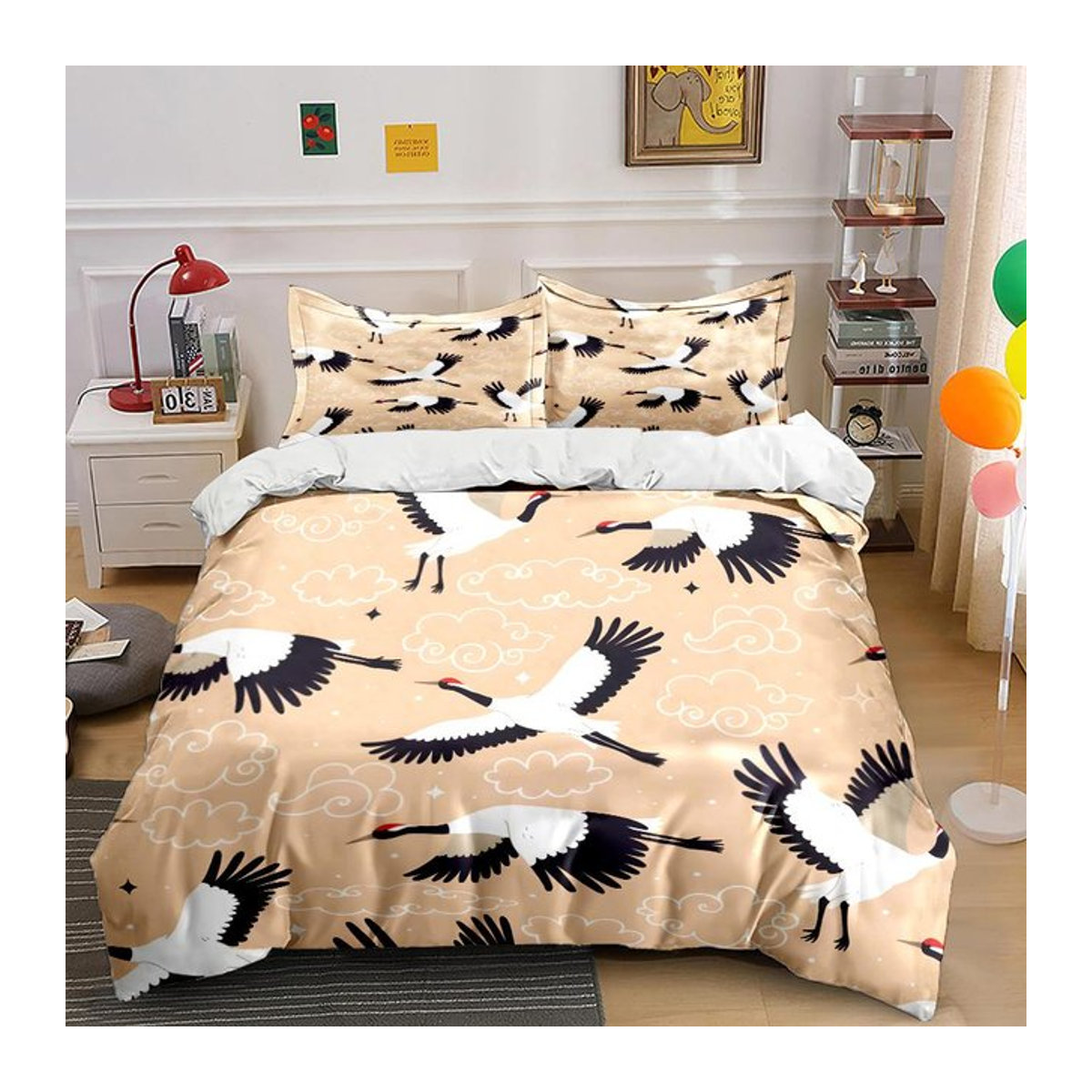 Flylo Bettwäsche-Set mit Kranich und Wolkenmuster in Bunt, Polyester mit Reißverschluss, B/H: 135 x 200 cm - Bild 1