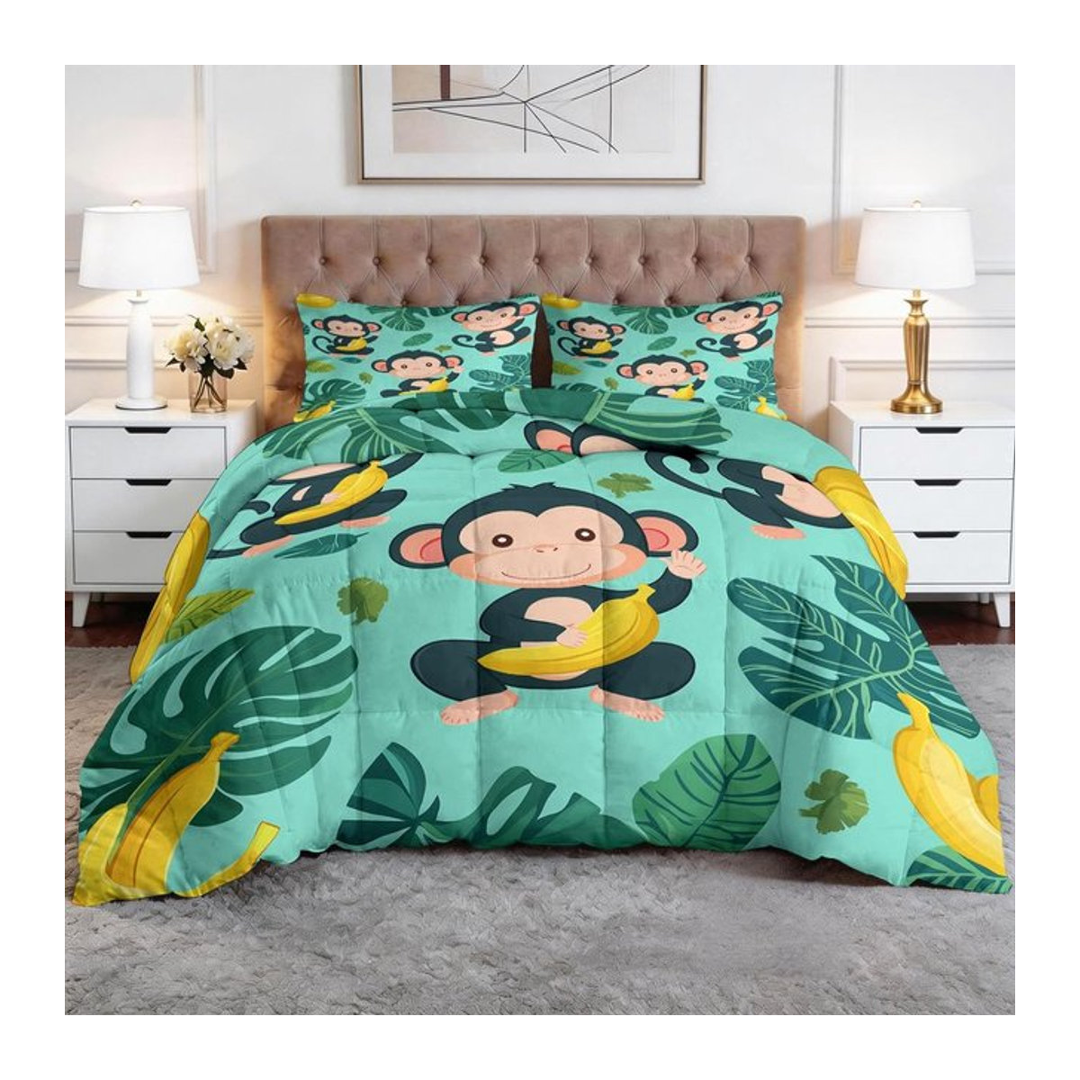 Flylo Kinder Bettwäsche-Set mit Affen-Motiv aus Mikrofaser, Bettbezug und Kissenbezug mit Reißverschluss, B/H: 100 x 135 cm, Kissen B/H: 75 x 50 cm - Bild 1