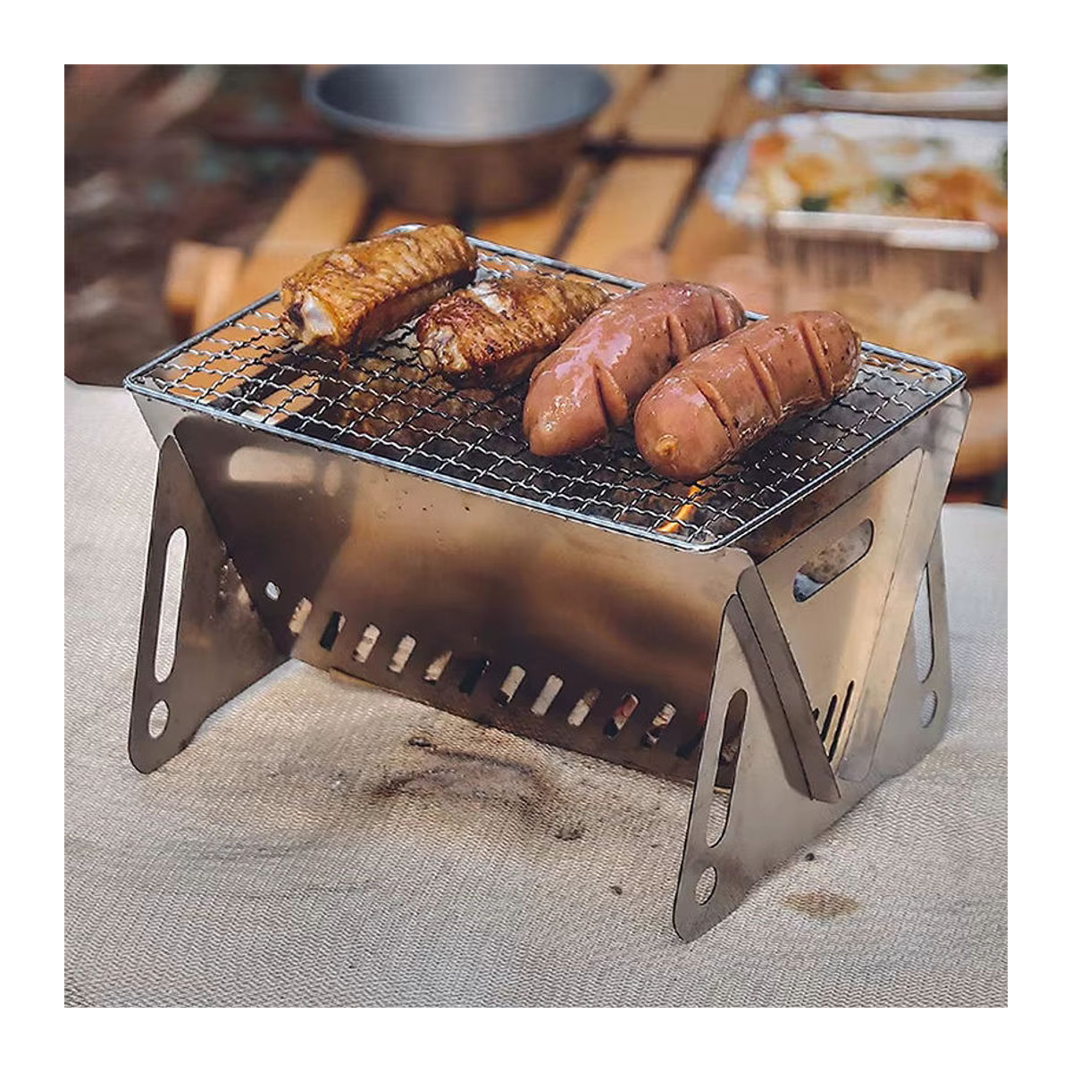 FLYMUYU Tragbarer Faltbarer Camping BBQ Grill aus Edelstahl mit Brennholz-Heizfunktion und Grillrost - Bild 4