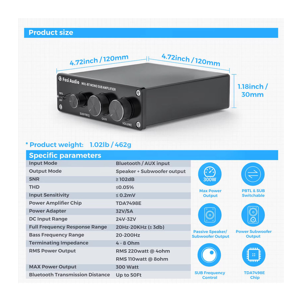 Fosi Audio M01-BT Bluetooth Verstärker 300W Mono Amp in Schwarz - Bild 5