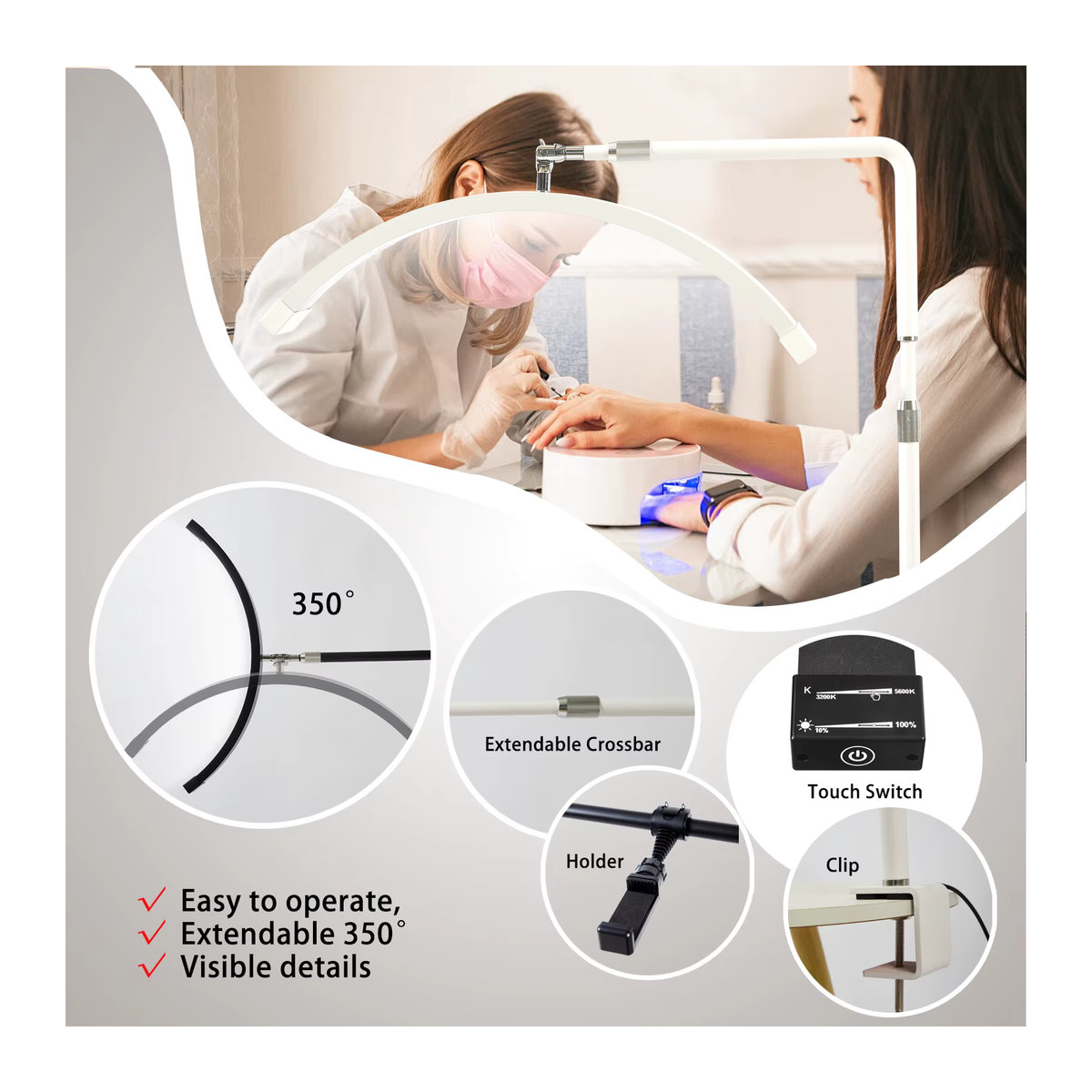 Fosoto LED-Videoleuchte als halbmondförmiges Desktop-Ringlicht, dimmbar und drehbar, 3200 K-5600 K, für Make-up und Beauty-Anwendungen - Bild 2