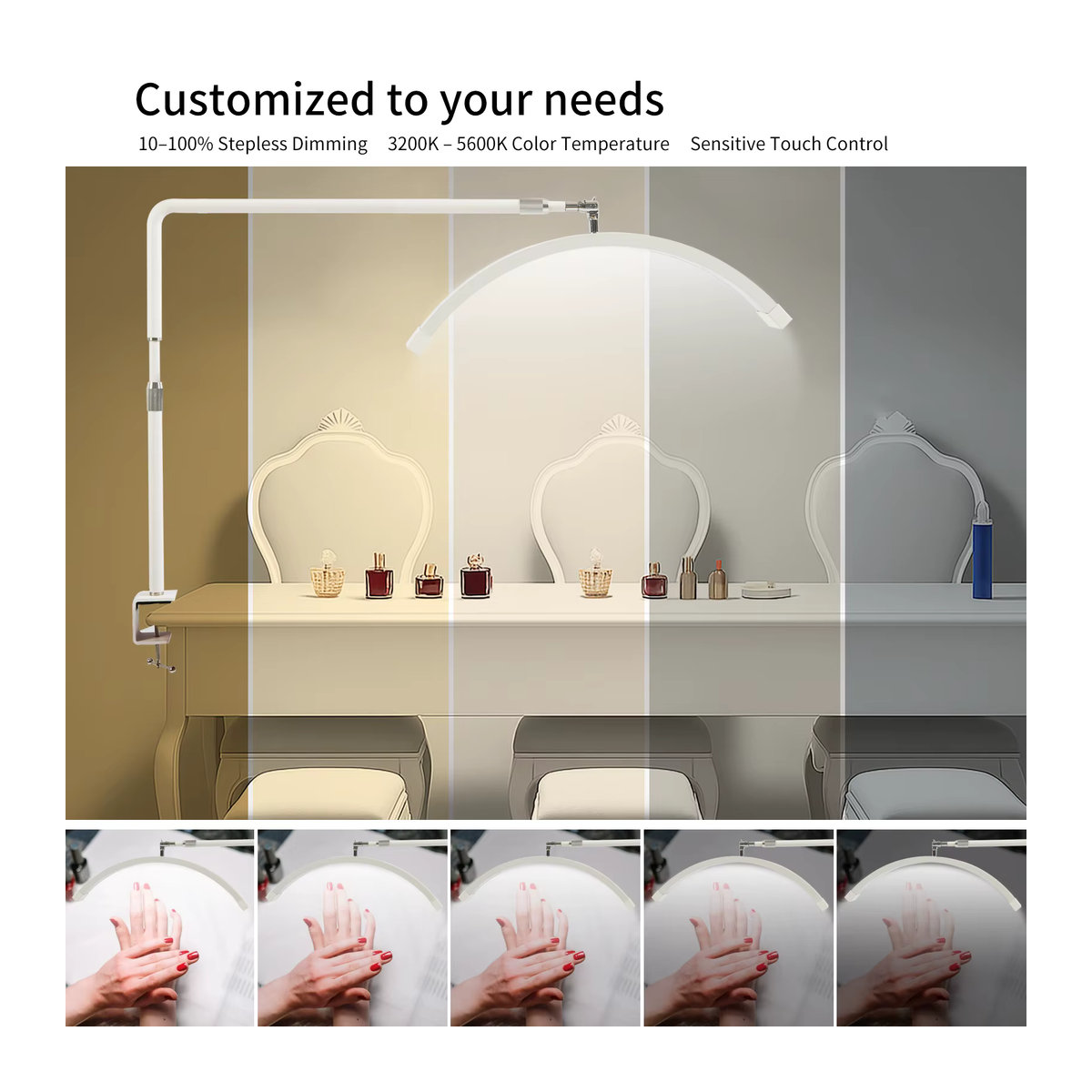 Fosoto LED-Videoleuchte als halbmondförmiges Desktop-Ringlicht, dimmbar und drehbar, 3200 K-5600 K, für Make-up und Beauty-Anwendungen - Bild 3