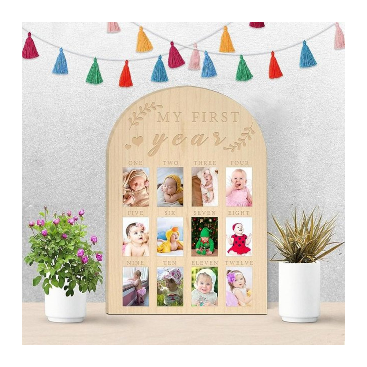 Fotodisplay Mein erstes Jahr Meilensteinbrett aus Holz in Hellgrau für Baby-Bilderrahmen zum 1. Geburtstag, B/H: 43,18 x 30,48 cm - Bild 1