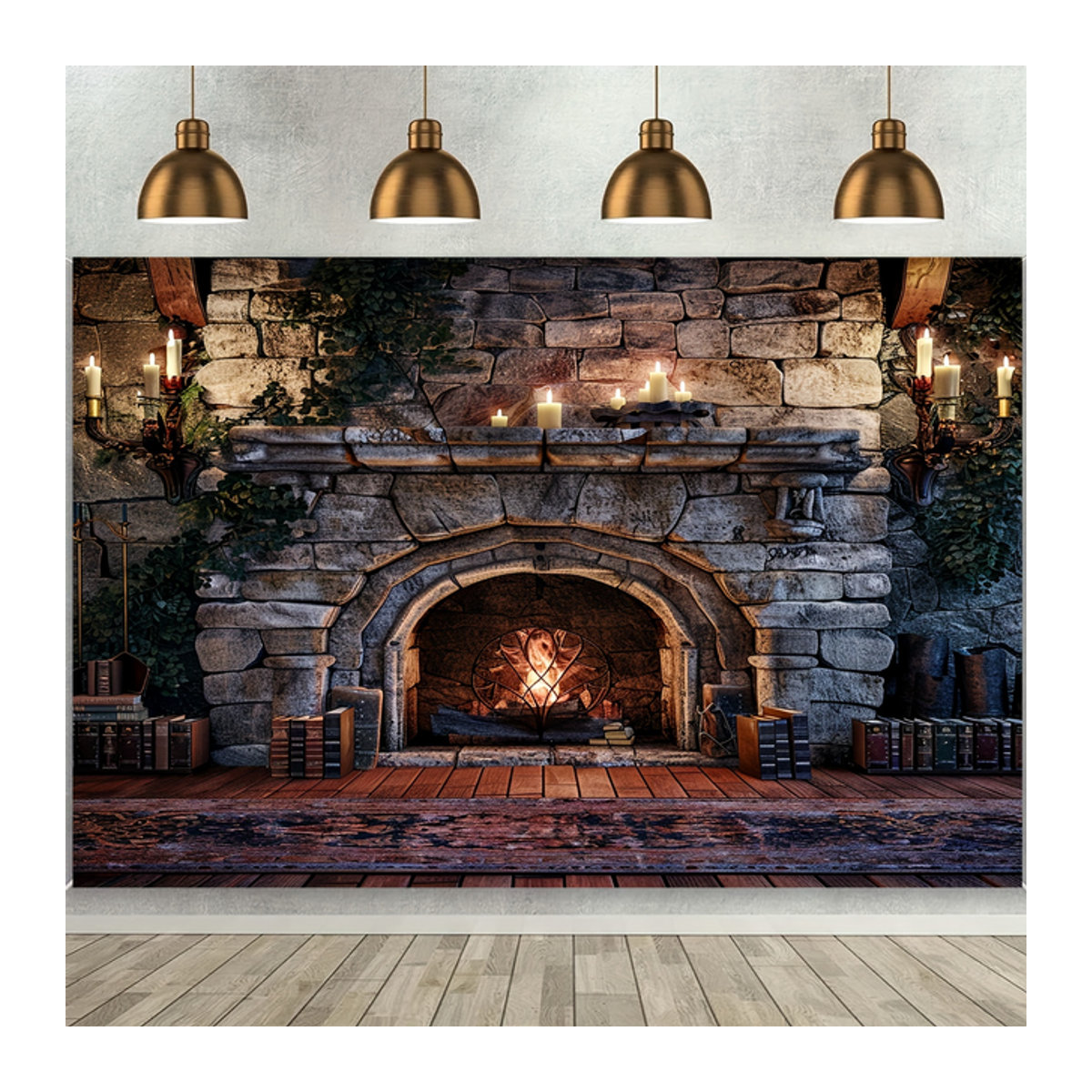Fotohintergrund mit lebendigen Flammen, Kamin, magischen Büchern und Kerzen in Silber, B/H: 150 x 100 cm - Bild 1