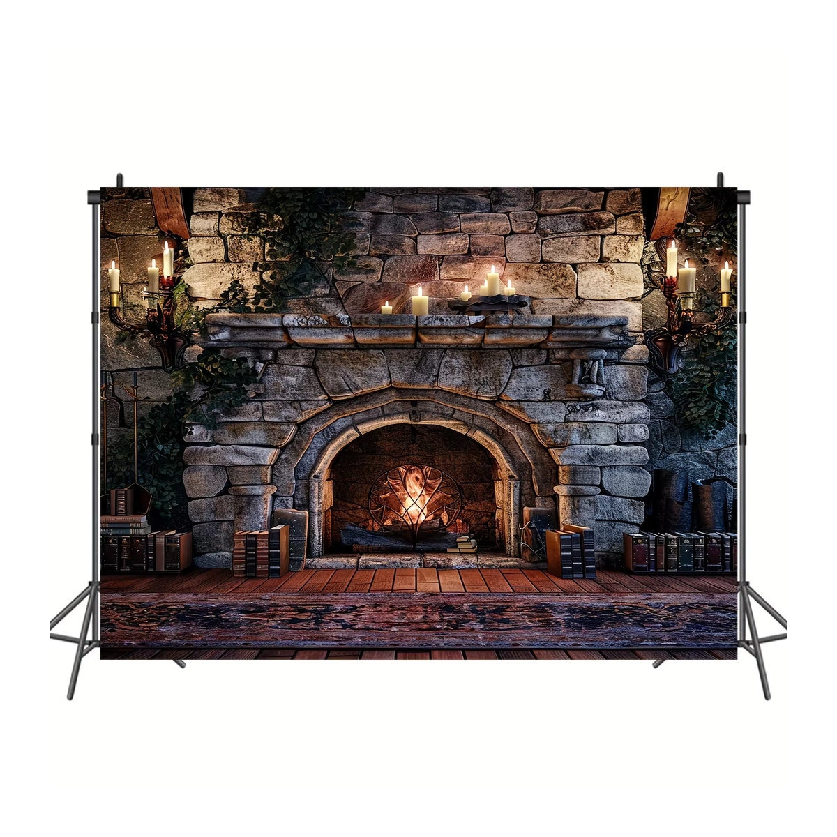 Fotohintergrund mit lebendigen Flammen, Kamin, magischen Büchern und Kerzen in Silber, B/H: 150 x 100 cm - Bild 2