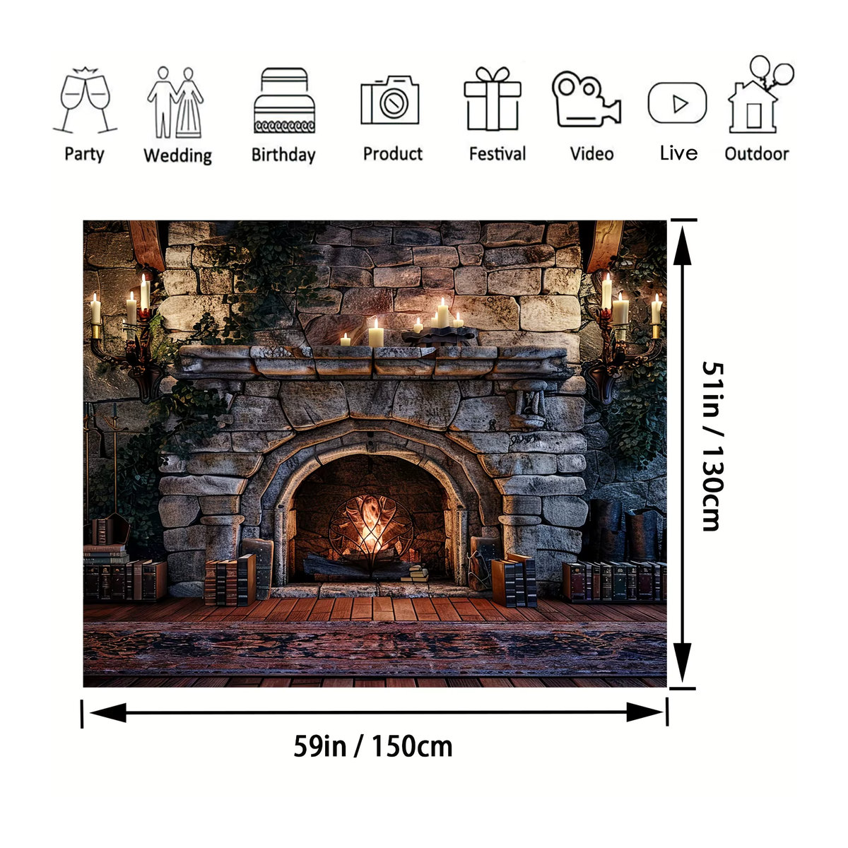 Fotohintergrund mit lebendigen Flammen, Kamin, magischen Büchern und Kerzen in Silber, B/H: 150 x 100 cm - Bild 3