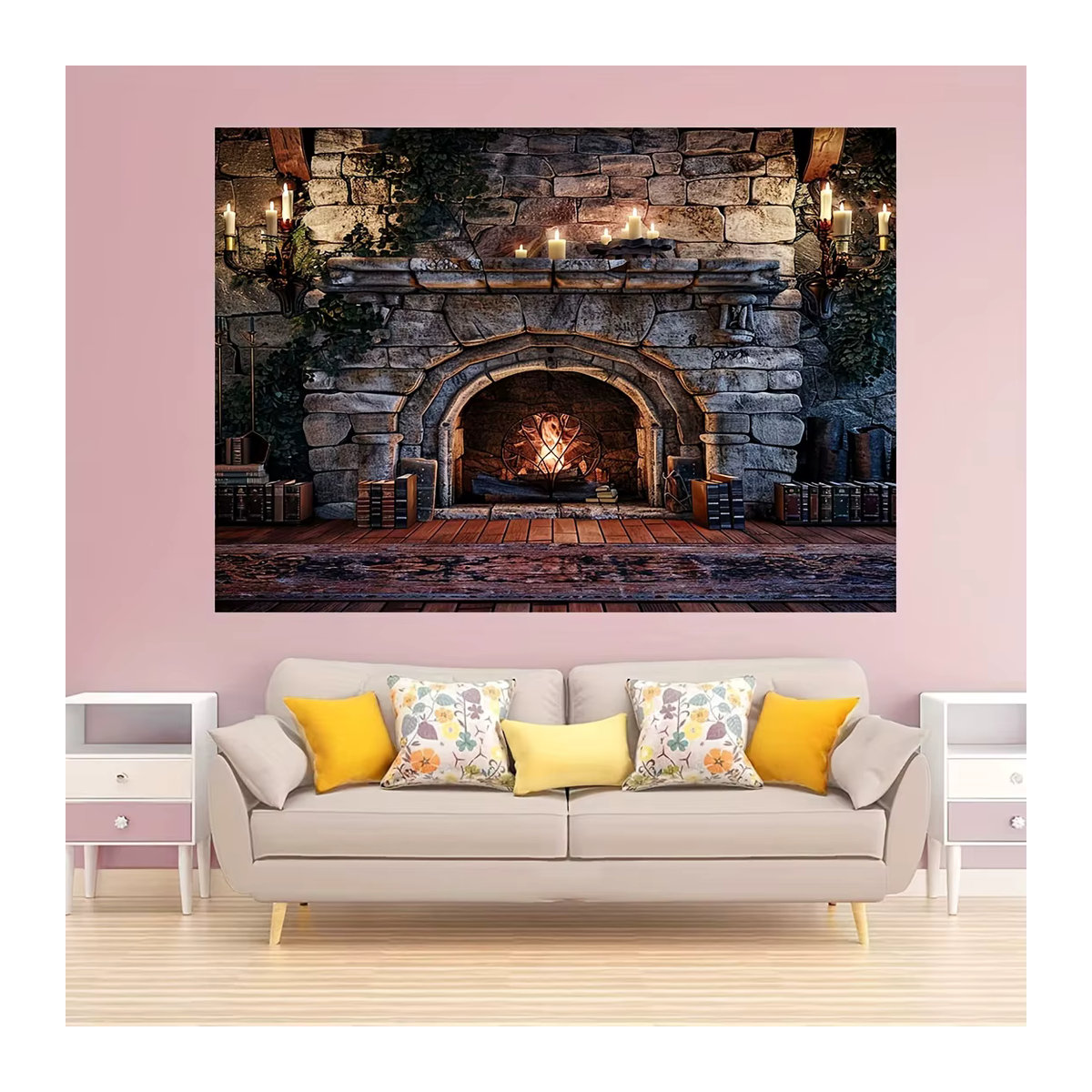 Fotohintergrund mit lebendigen Flammen, Kamin, magischen Büchern und Kerzen in Silber, B/H: 150 x 100 cm - Bild 4