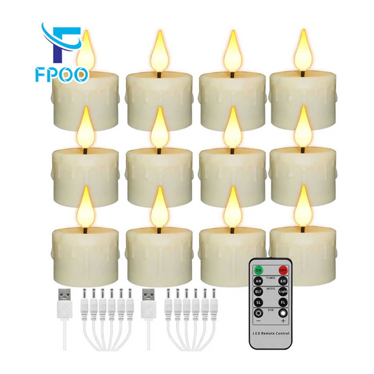 FPOO LED-Beleuchtungskerzen Set, 6 Stück wiederaufladbare elektrische Stumpenkerzen in Weiß mit Fernbedienung und Timer für Weihnachtsdekoration und Halloween - Bild 1