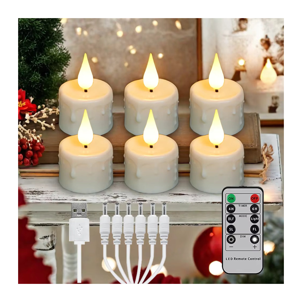 FPOO LED-Beleuchtungskerzen Set, 6 Stück wiederaufladbare elektrische Stumpenkerzen in Weiß mit Fernbedienung und Timer für Weihnachtsdekoration und Halloween - Bild 4