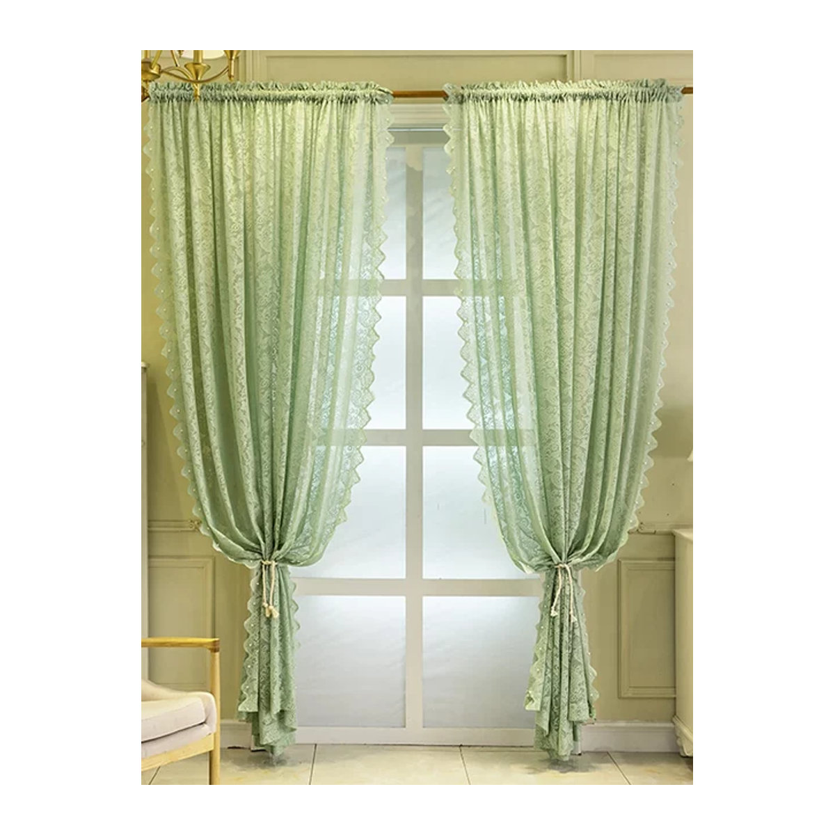 Französischer Retro-Trennvorhang in Grün mit Perlen-Design als transparenter Mullvorhang für Wohnzimmer und Schlafzimmer - Bild 1