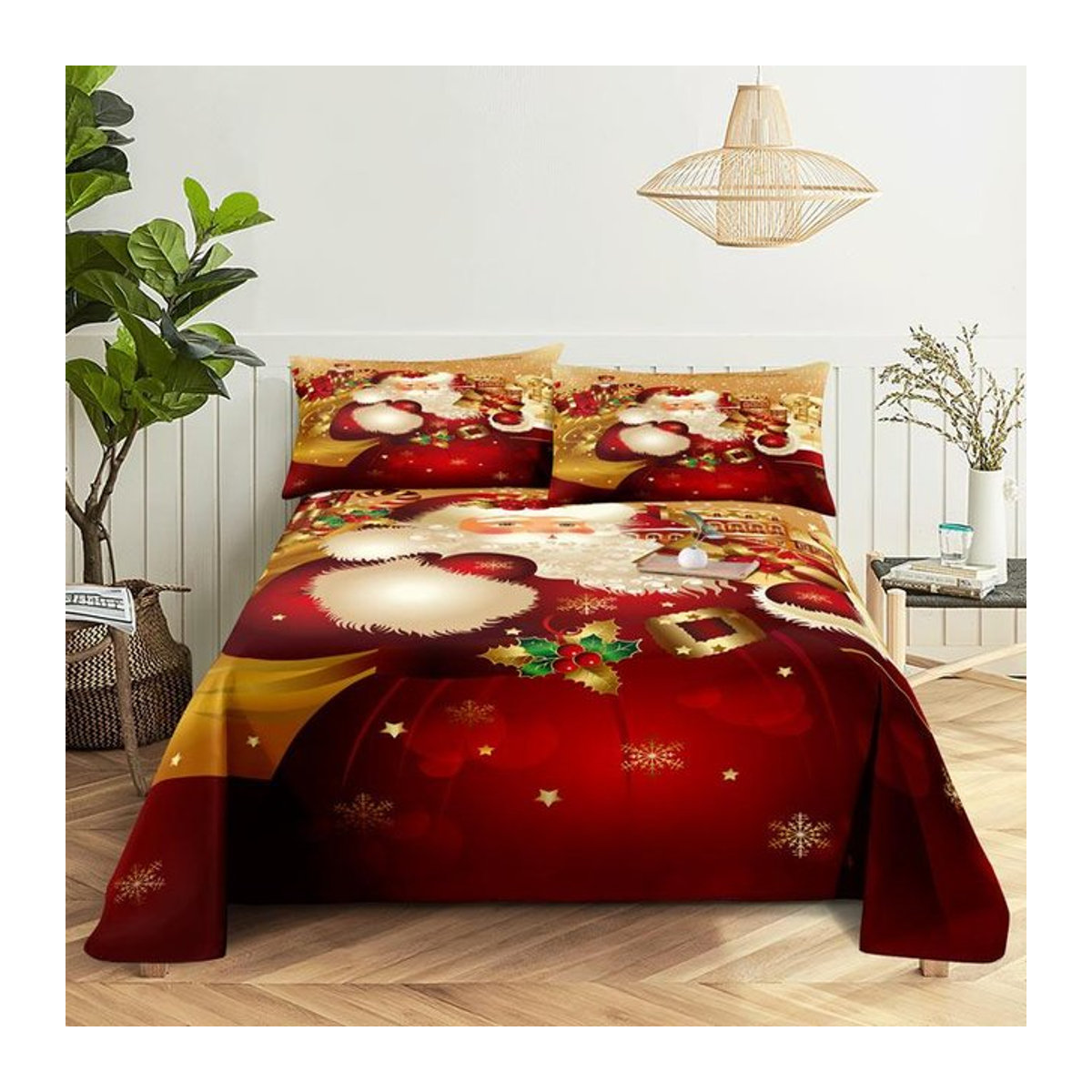 Frohe Weihnachten Bettwäsche-Set mit Kissenbezügen in Rot mit 3D-Weihnachtsmann-Print und verdecktem Reißverschluss, B/T/H: 110 x 230 cm - Bild 1