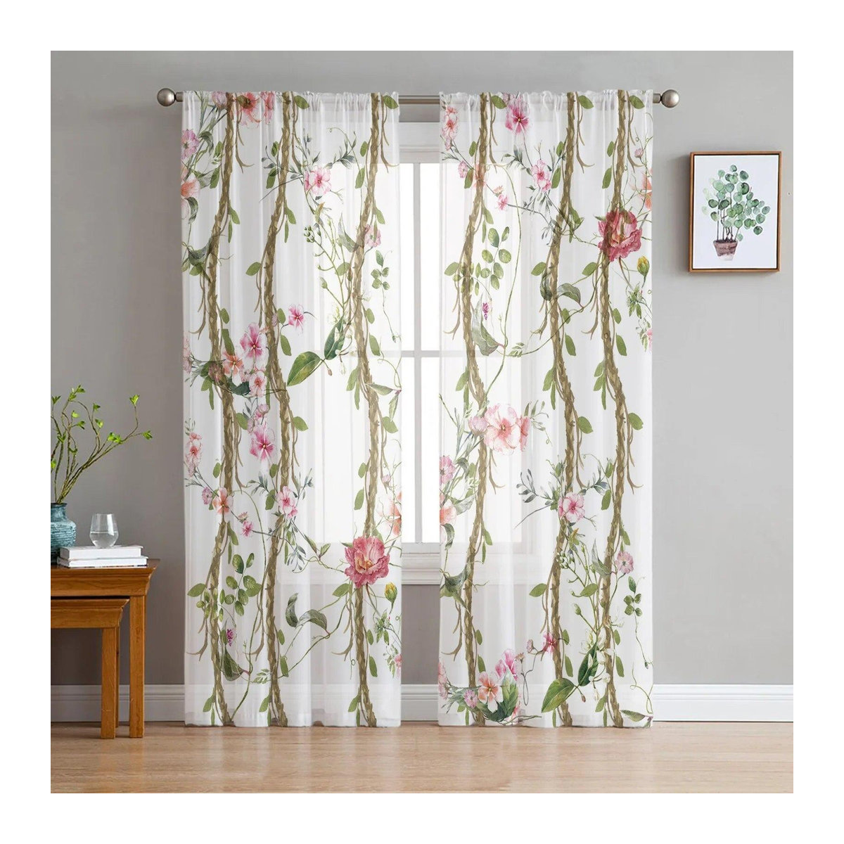 Fujiman Transparente Tüllvorhänge mit Frühlingsblüten-Print für Wohnzimmer, Schlafzimmer und Balkon, B: 135 cm, H: 114 cm - Bild 1