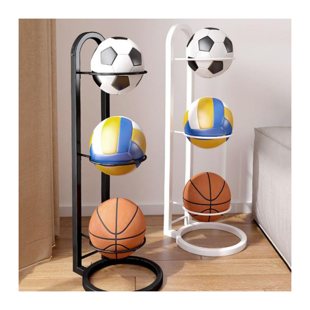 Full in Love House Basketball-Ball-Aufbewahrungsregal in Schwarz/Weiß, vertikaler 4-lagiger Ballständer und Organizer für Volleyball und Fußball im minimalistischen Design - Bild 1