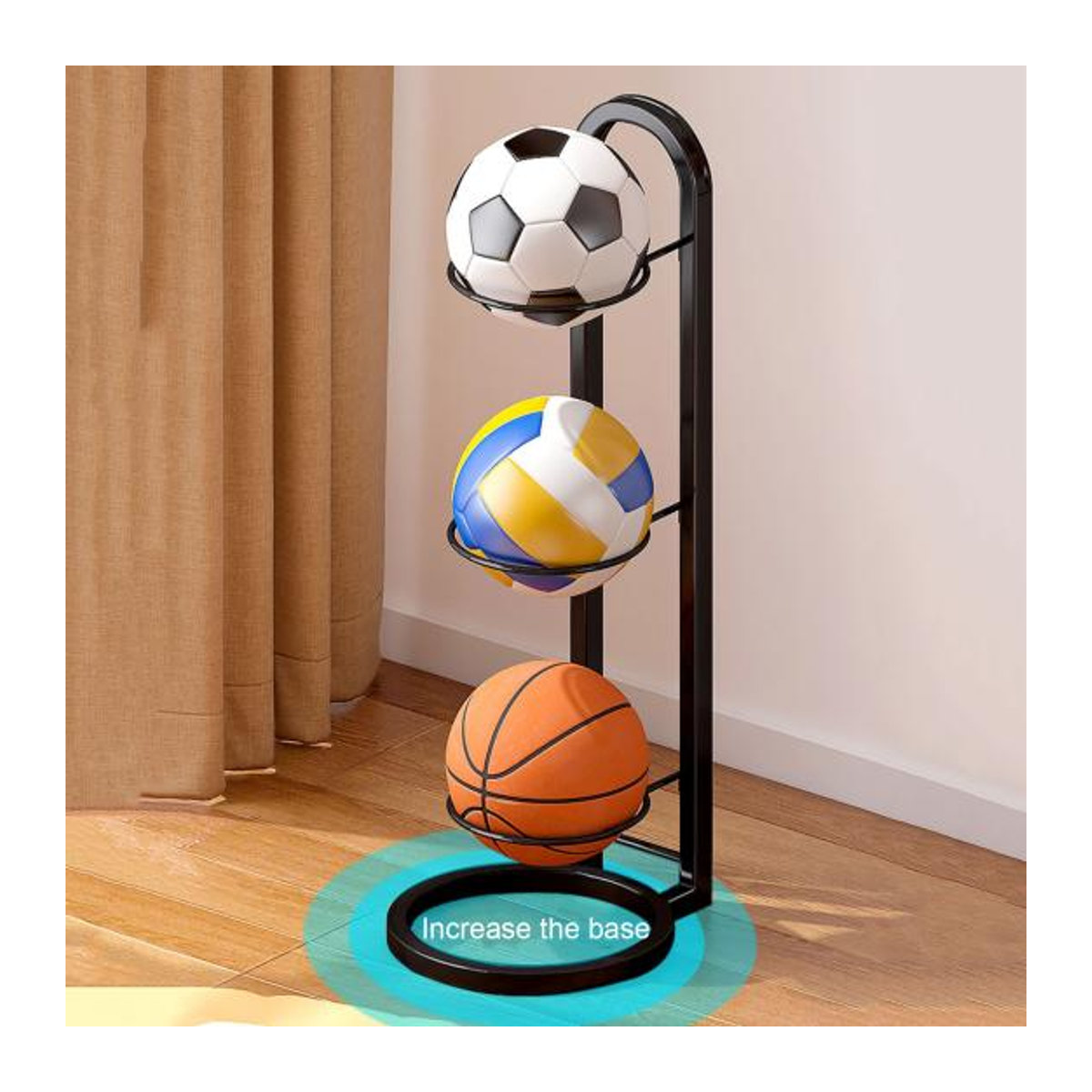 Full in Love House Basketball-Ball-Aufbewahrungsregal in Schwarz/Weiß, vertikaler 4-lagiger Ballständer und Organizer für Volleyball und Fußball im minimalistischen Design - Bild 2