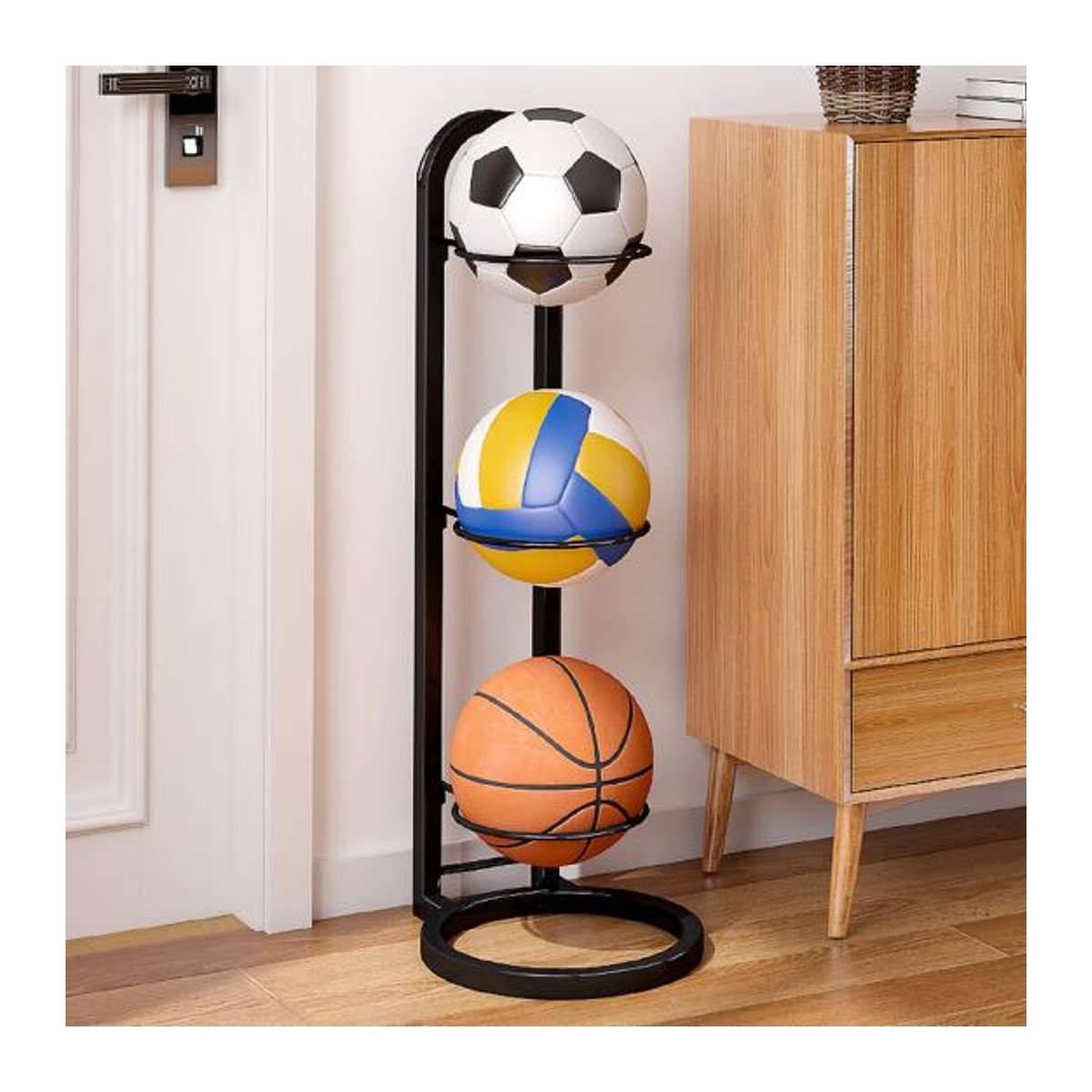 Full in Love House Basketball-Ball-Aufbewahrungsregal in Schwarz/Weiß, vertikaler 4-lagiger Ballständer und Organizer für Volleyball und Fußball im minimalistischen Design - Bild 6