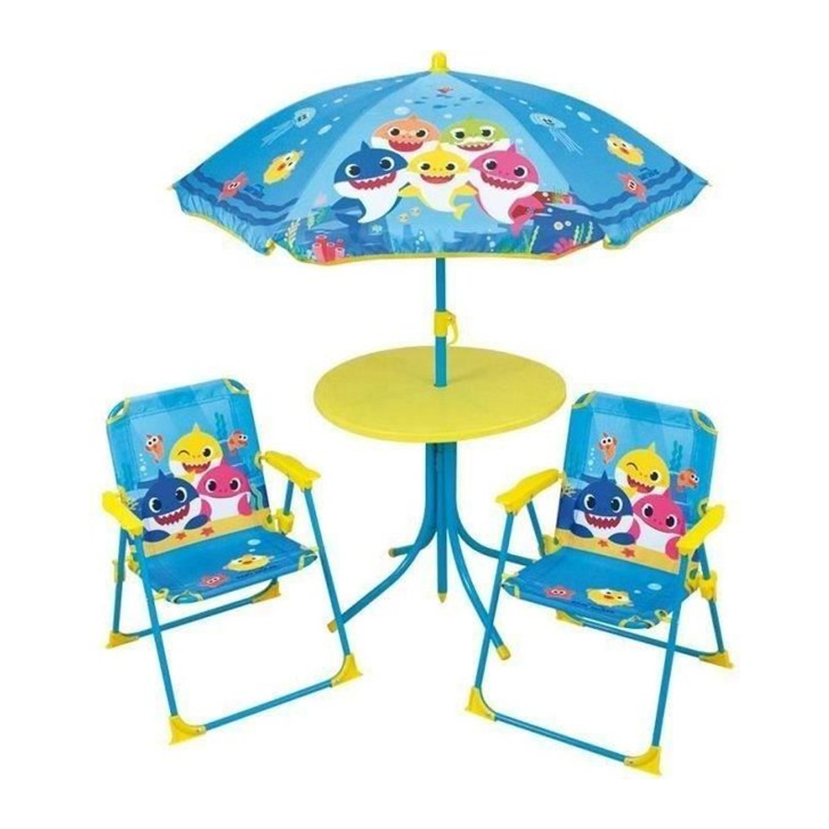 FUN HOUSE Baby Shark Gartenmöbelset für Kinder in Blau mit 1 Tisch, 2 Stühlen und 1 Sonnenschirm, Tisch H: 46 cm, Ø: 46 cm, Stühle H: 53 cm, B: 38,5 cm, T: 37,5 cm, Sonnenschirm H: 125 cm, Ø: 100 cm - Bild 1