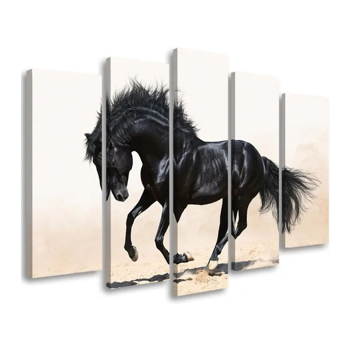Fünfteiliger Leinwanddruck Feeby Galopp des schwarzen Pferdes in Schwarz und Mehrfarbig, Breite: 100 cm, Höhe: 70 cm - Bild 1