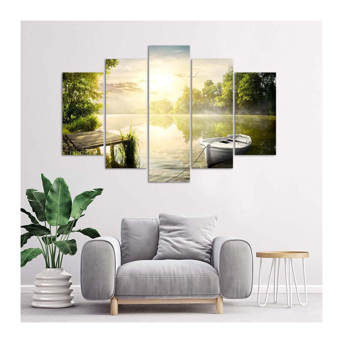Fünfteiliger Leinwanddruck Feeby Sonnenaufgang am See in Grün und Mehrfarbig, B: 100 cm, H: 70 cm - Bild 3