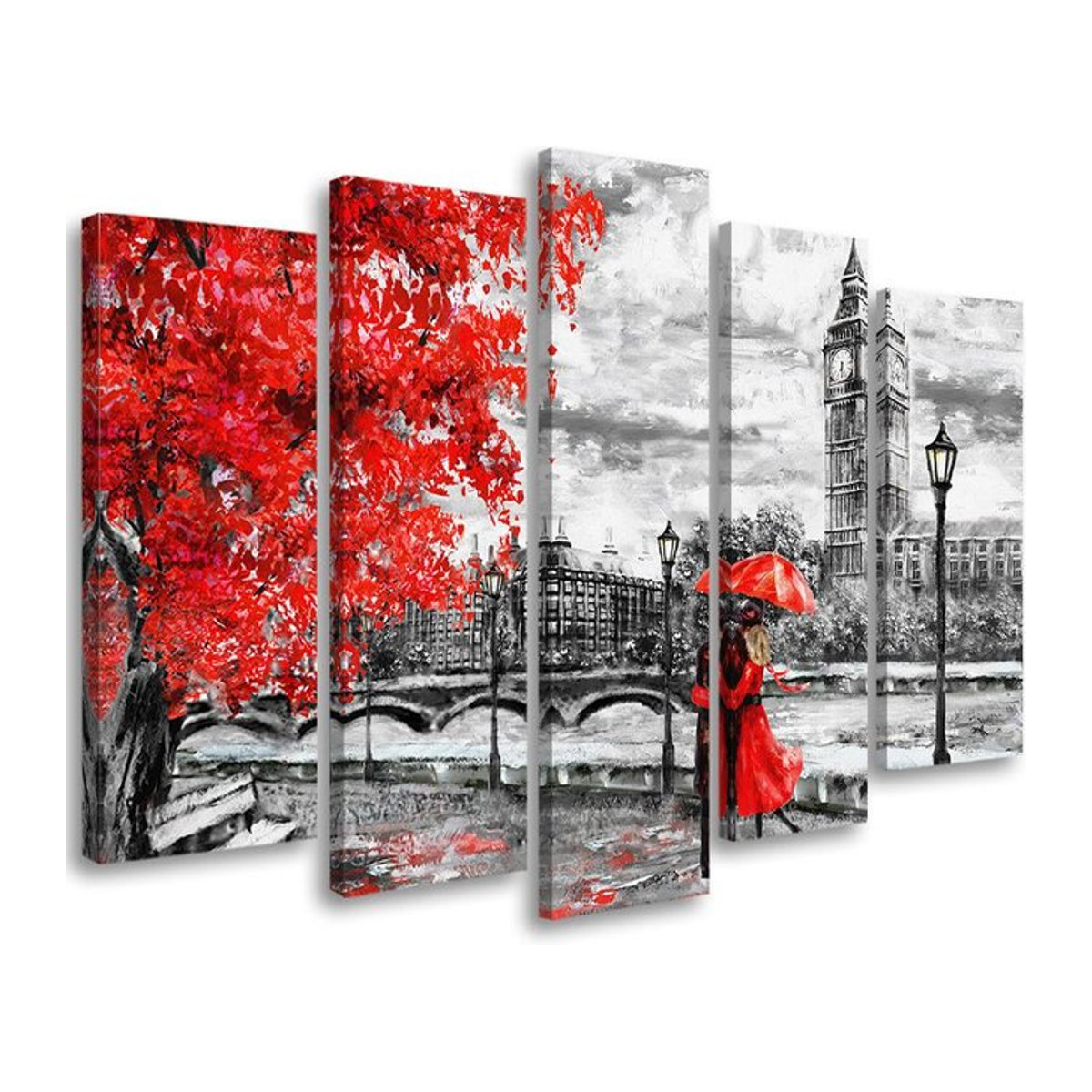 Fünfteiliger Leinwanddruck von Feeby mit London-Regenschirm in Rot, Breite: 100 cm, Höhe: 70 cm - Bild 1
