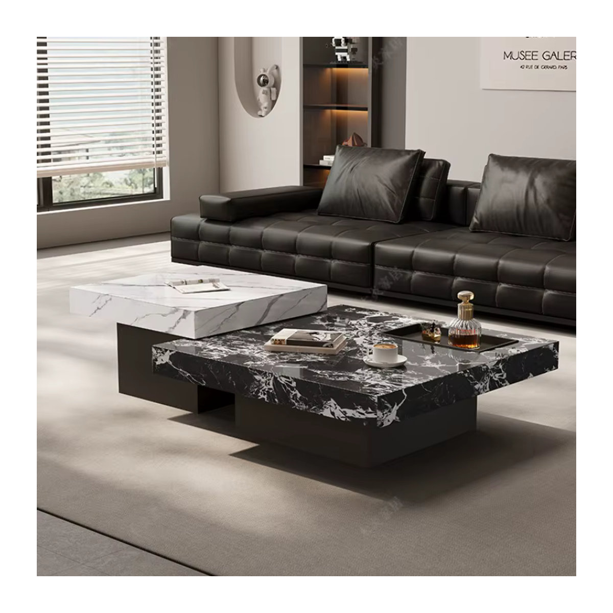 FYCT Couchtisch Set aus Marmor in Schwarz/Weiß, quadratisch und minimalistisch im modernen Design, B/T/H: 60 x 45 x 45 cm und 45 x 45 x 45 cm - Bild 1