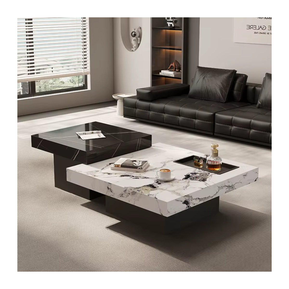FYCT Couchtisch Set aus Marmor in Schwarz/Weiß, quadratisch und minimalistisch im modernen Design, B/T/H: 60 x 45 x 45 cm und 45 x 45 x 45 cm - Bild 2