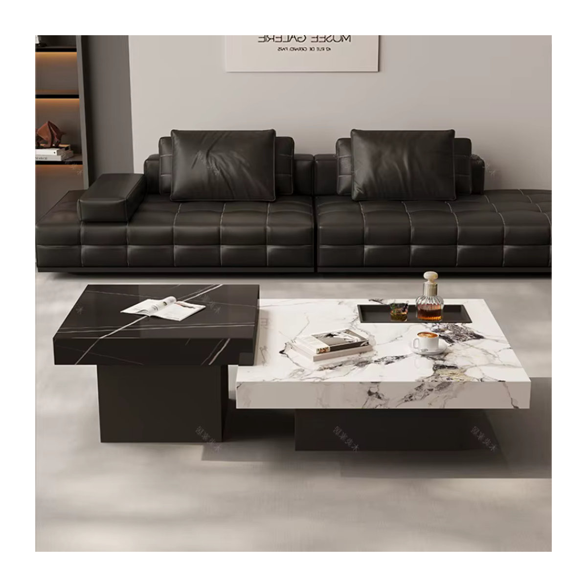 FYCT Couchtisch Set aus Marmor in Schwarz/Weiß, quadratisch und minimalistisch im modernen Design, B/T/H: 60 x 45 x 45 cm und 45 x 45 x 45 cm - Bild 3