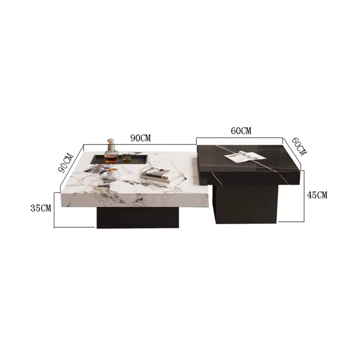 FYCT Couchtisch Set aus Marmor in Schwarz/Weiß, quadratisch und minimalistisch im modernen Design, B/T/H: 60 x 45 x 45 cm und 45 x 45 x 45 cm - Bild 4