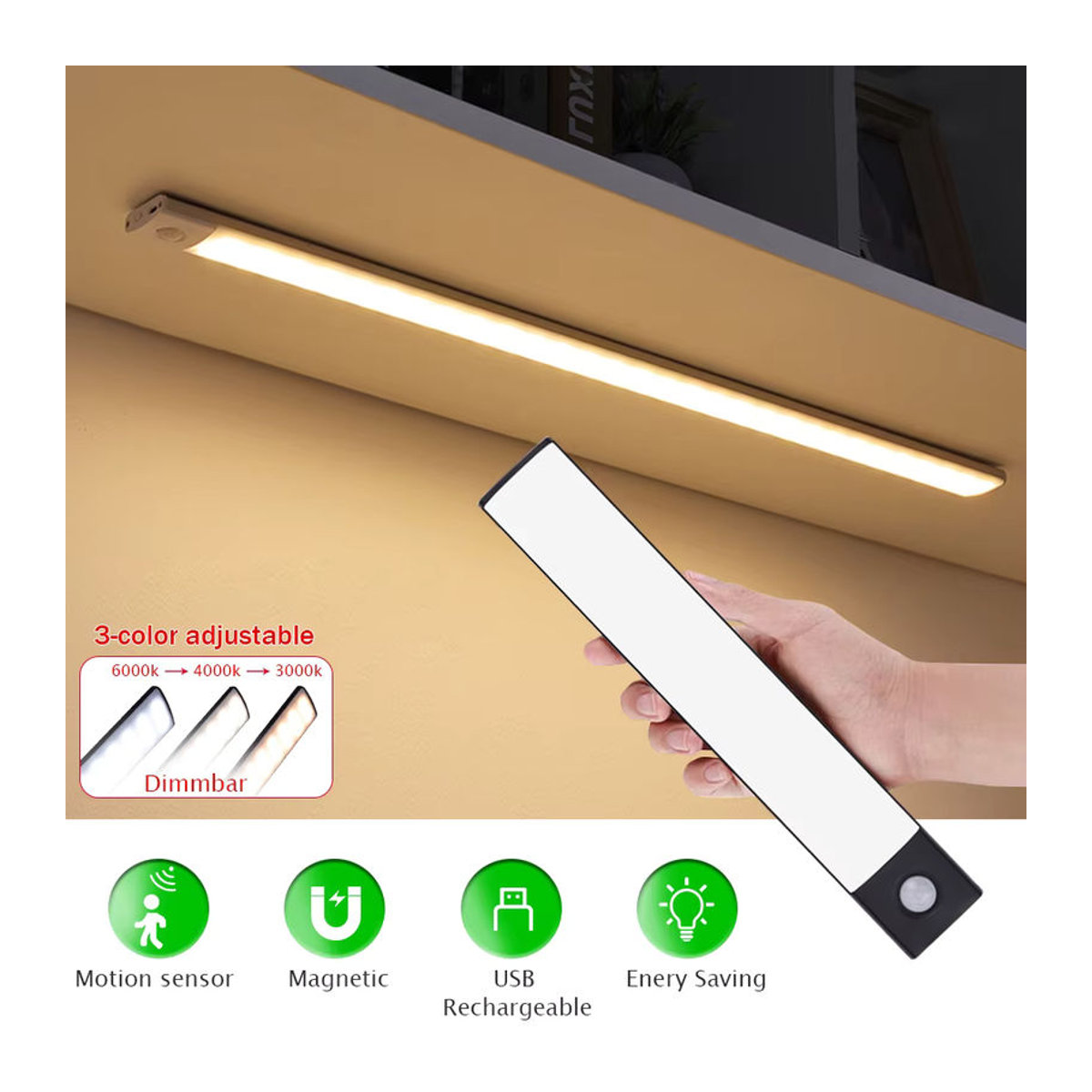 GAHADA LED Möbelbeleuchtung mit Bewegungssensor, USB aufladbar, 3 Lichtfarben, Magnetische Nachtlicht für Küche und Kleiderschrank, Silber oder Schwarz - Bild 3