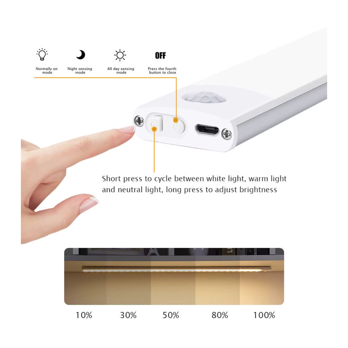 GAHADA LED Möbelbeleuchtung mit Bewegungssensor, USB aufladbar, 3 Lichtfarben, Magnetische Nachtlicht für Küche und Kleiderschrank, Silber oder Schwarz - Bild 5