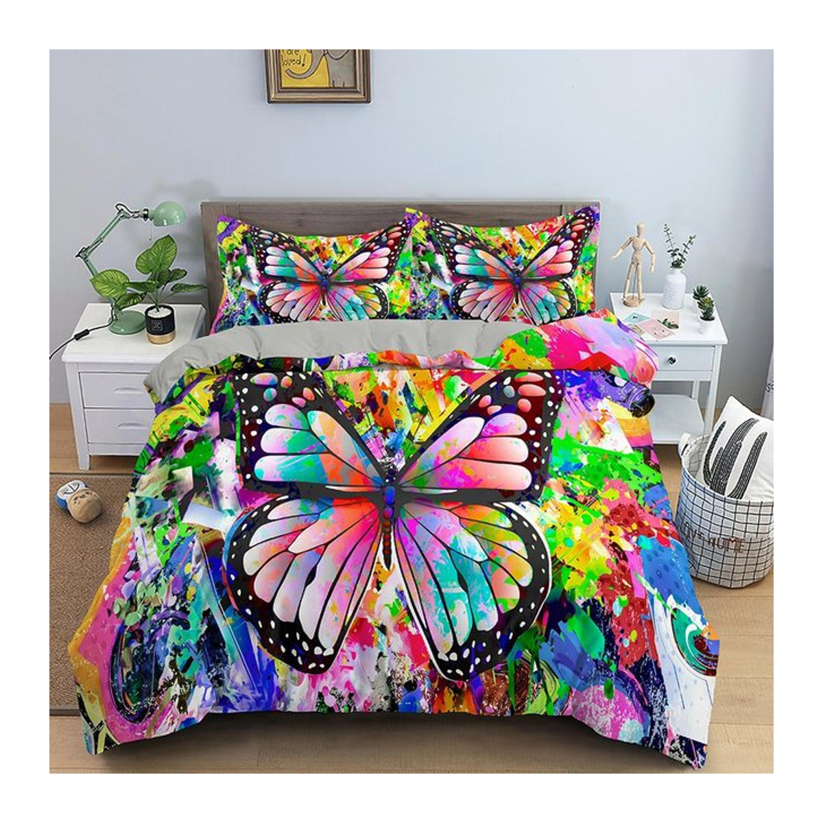 Galaxy Schmetterling Bettwäsche-Set mit Bettbezug und Kissenbezug für Kinder und Mädchen in Schwarz und Lila, B/H: 135 x 200 cm - Bild 1