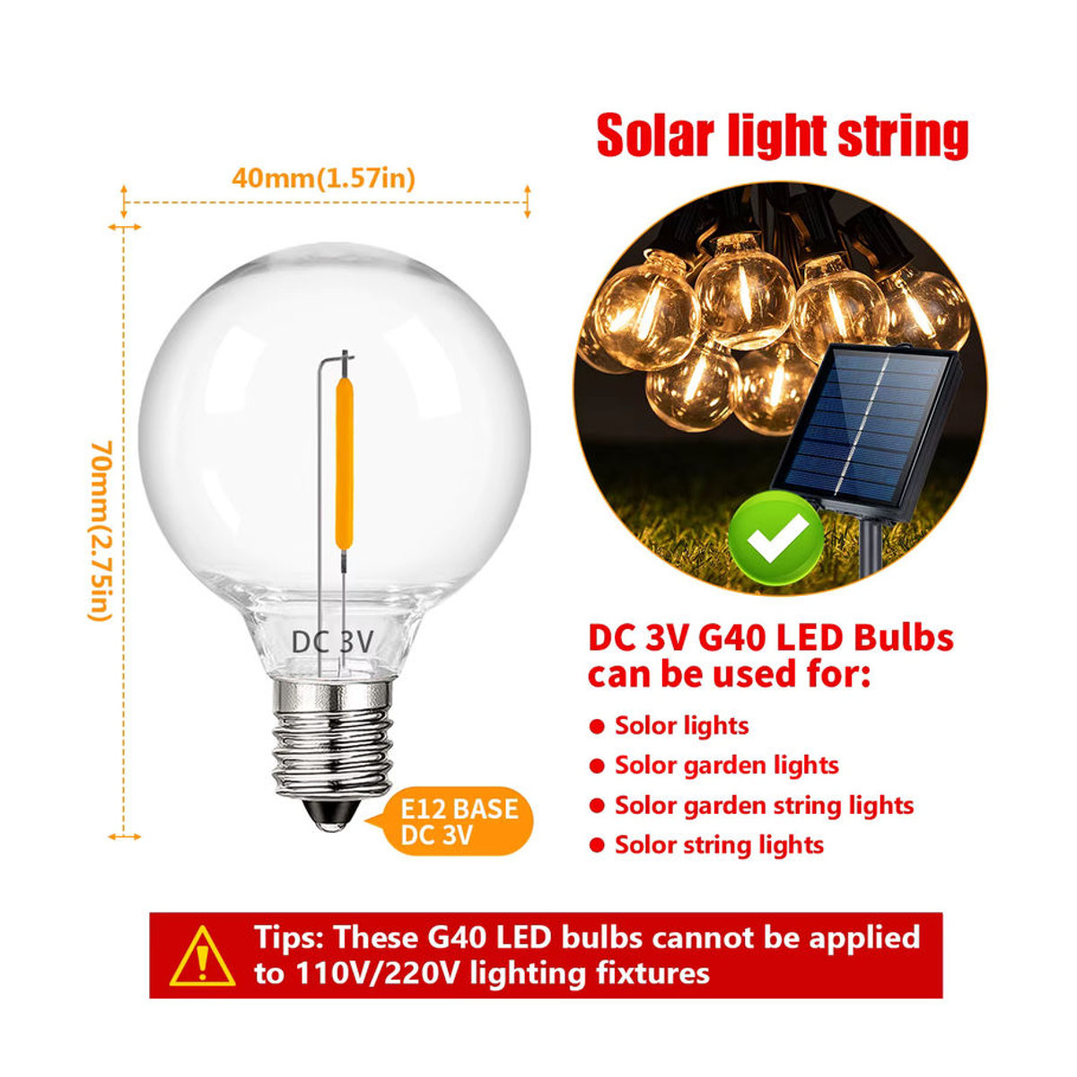 GANRILAND G40 LED Glühbirne E12 Basis Warmweiß 1W DC 3V Globe Ball aus PET Kunststoff für Solar String Lights - Bild 2