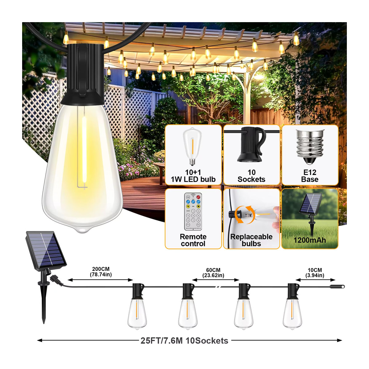 GANRILAND ST38 Solar-Lichterkette für Außenbereich, bruchsicher und wasserdicht mit Fernbedienung, Solar-Beleuchtung für deine Party-Dekoration - Bild 6
