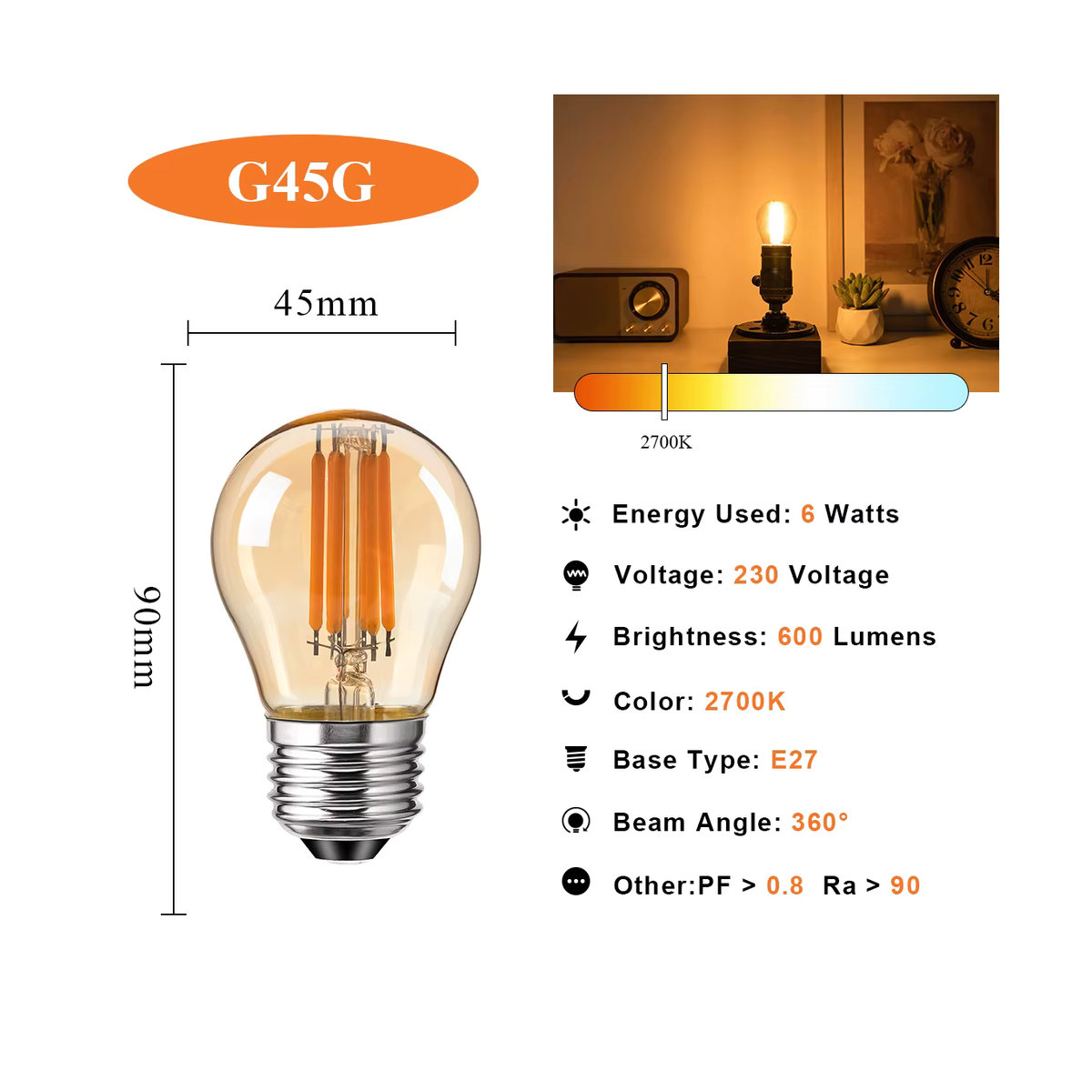 GANRILAND Vintage G45 Edison LED-Glühbirne E27 Retro Filament-Kugellampe Warmweiß 2700K Bernsteinfarbenes Glas Dimmbar - Bild 2