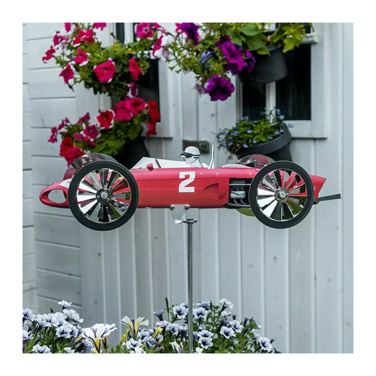 Garden Racer Windmühle aus Edelstahl in Rot als dekorative Windskulptur für Garten und Hof - Bild 1